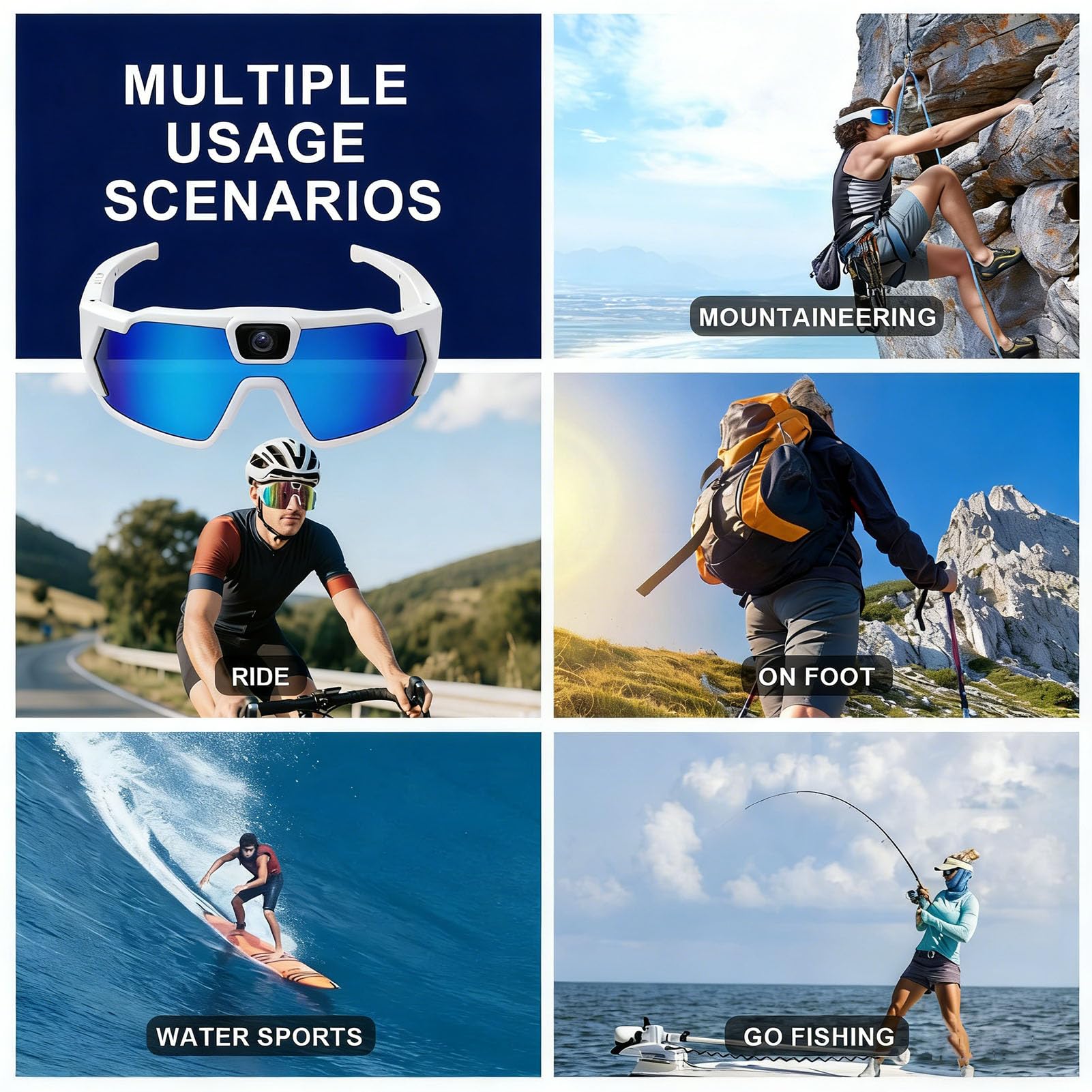 Zunate Occhiali da Ciclismo con Fotocamera, Occhiali Sportivi POV 1080P 12MP con Obiettivo Grandangolare, per Sport All'aria Aperta, Condividi Video Foto Tramite APP