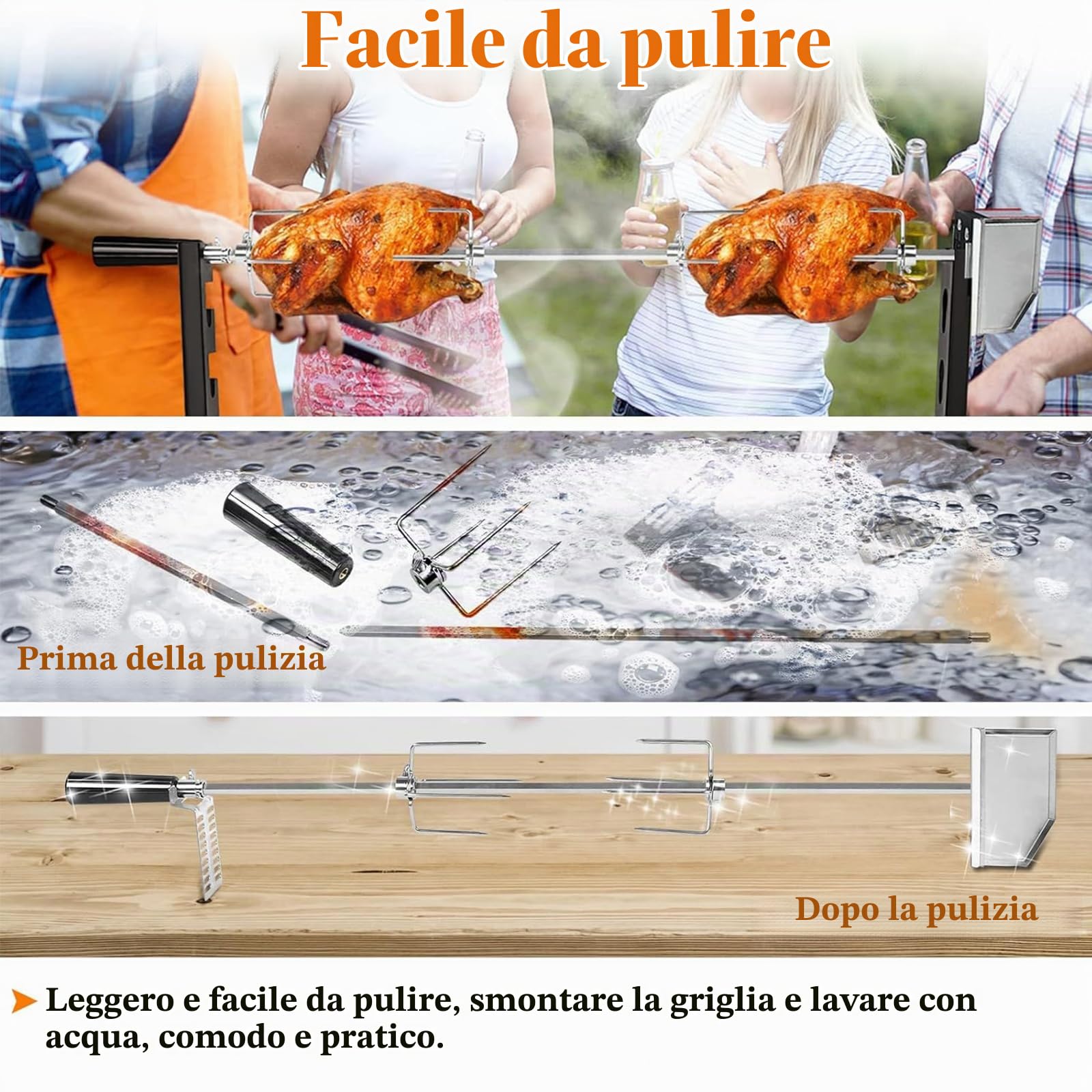 YUENFONG Motore Per Spiedini in Acciaio Inossidabile 220-240 V, Spiedo da 107 cm, Girarrosto Elettrico Con 2 Aghi Per Carne Per Barbecue, Per Attività All'aperto, Picnic in Campeggio, Feste