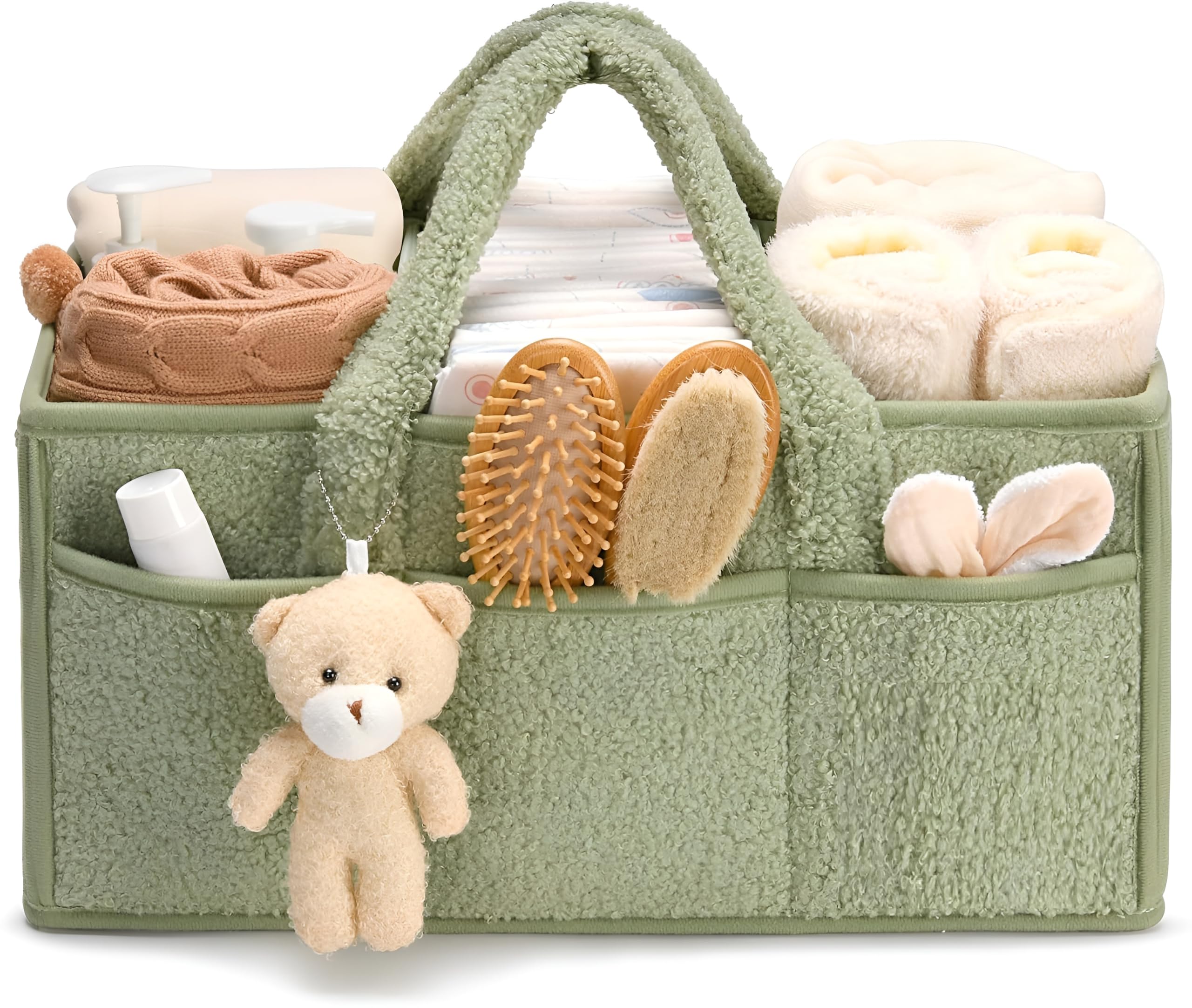 diaper caddy organizer for baby essentials - portable nursery storage basket with removable dividers, changing table organizer for diapers, wipes & clothes, baby showers gift - lily green