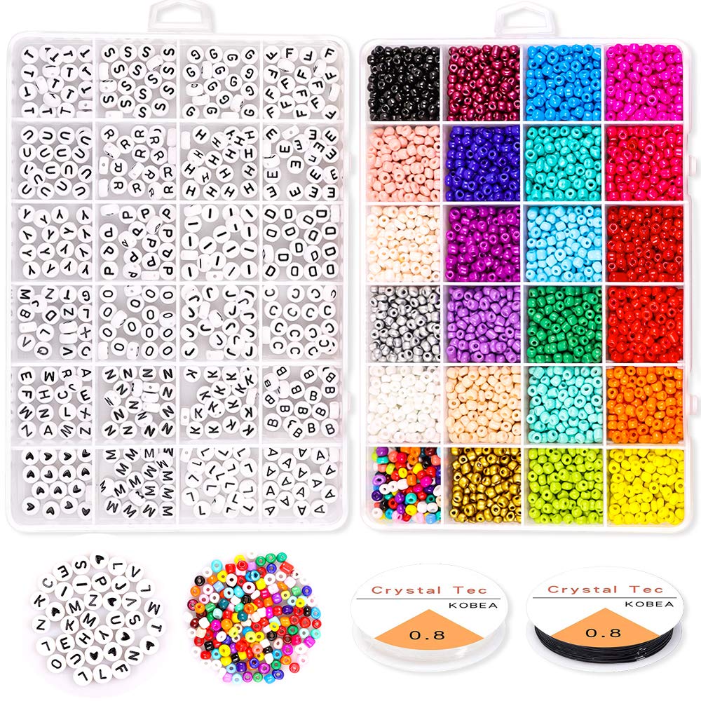 Yholin 6000pcs 4mm 6/0 Pony Seed Beads with 720pcs A-Z Alphabet Letter Beads, 24 Colors Glass Seed Beads with 0.8mm Elastic String for Jewelry,Friendship Bracelets Making and DIY Crafting Projects