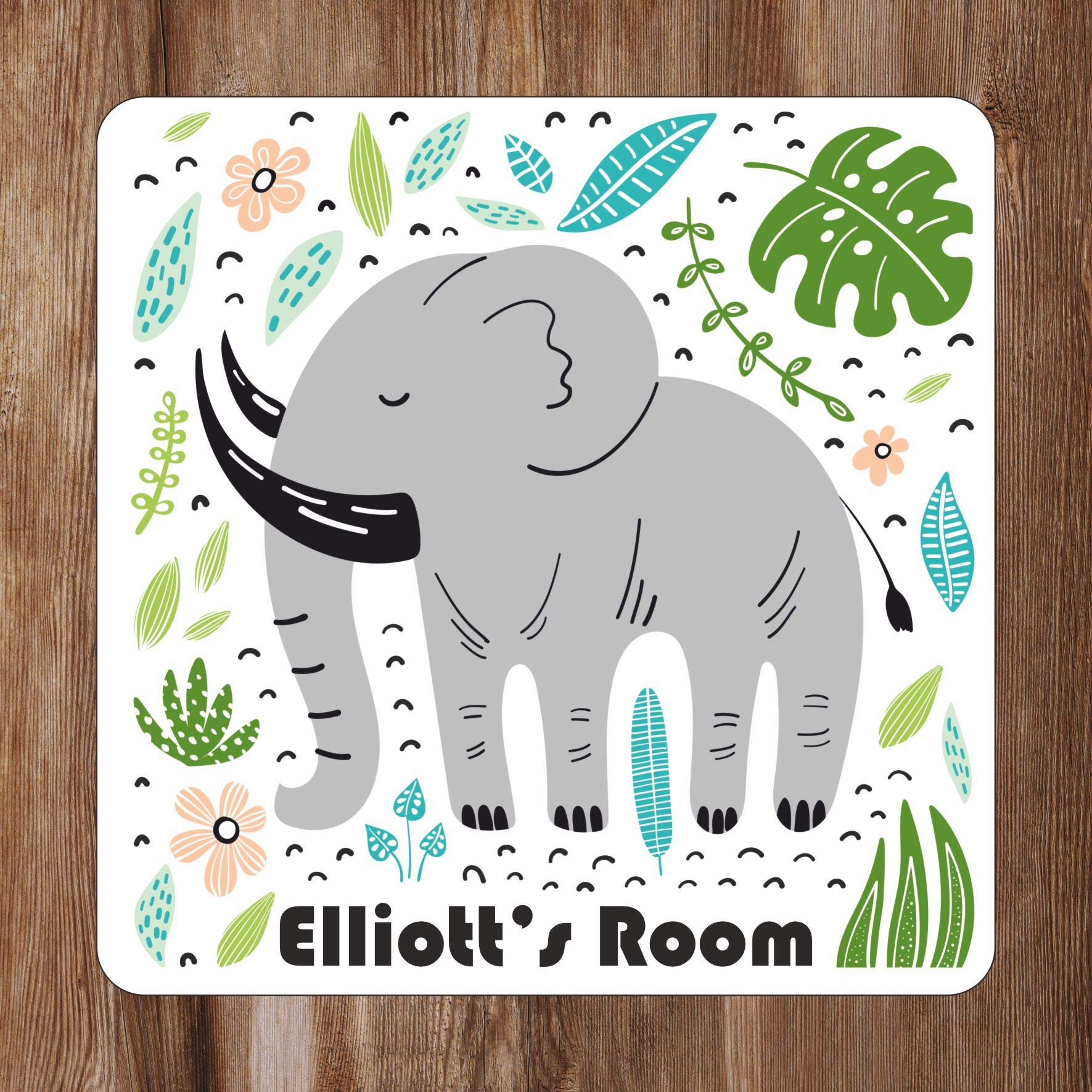 Cute Elephant with Leaves & Flowers Kids Bedroom Door Sign Personalised For You - Any Name! Door Plaque,Girls/Boys,Nursery,Decor,Kids Room,Animals