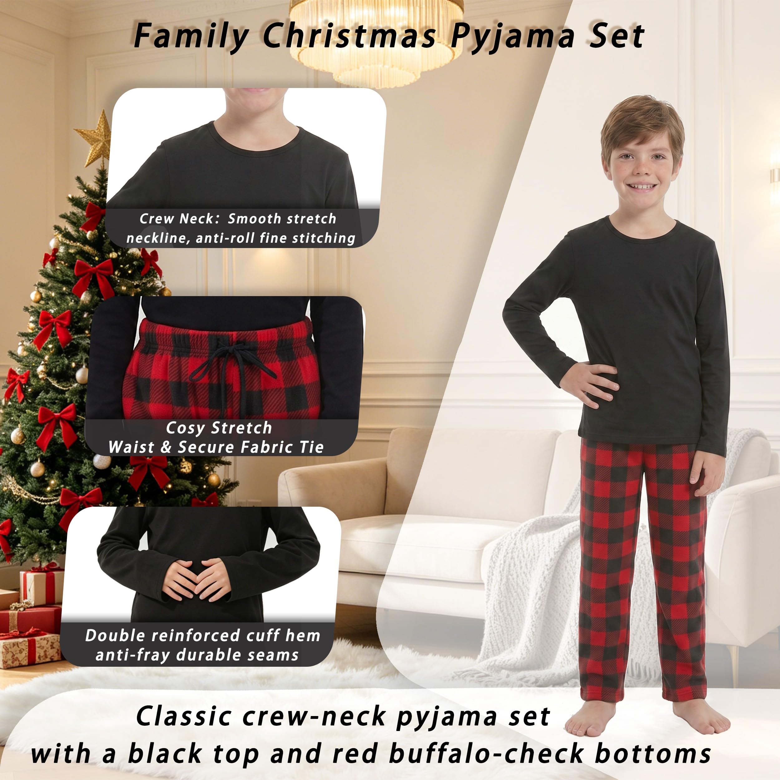YUSHOW Set pigiama natalizio per coppie, a maniche lunghe, a quadri, biancheria da notte invernale in pile natalizio, abbigliamento da notte per la famiglia, per donne, uomini, bambini