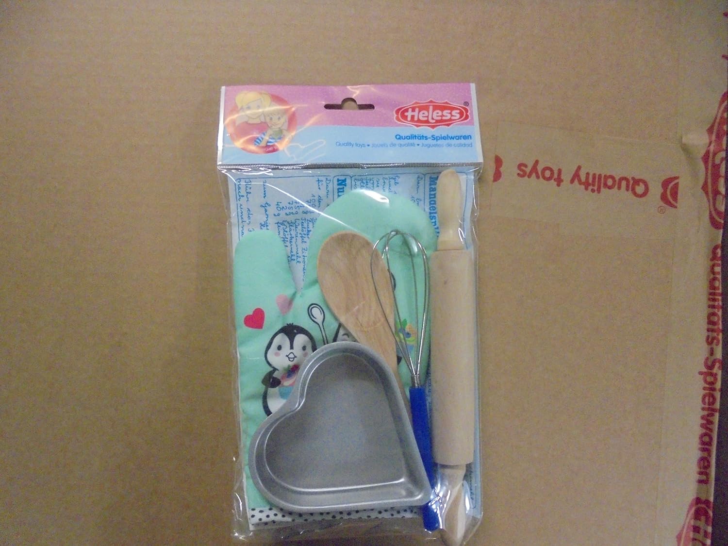 232 5-Piece Penguin Polka Dot Children's Baking Set with Oven Glove, Heart Mold, Wooden Rolling Pin and Spoon and Whisk