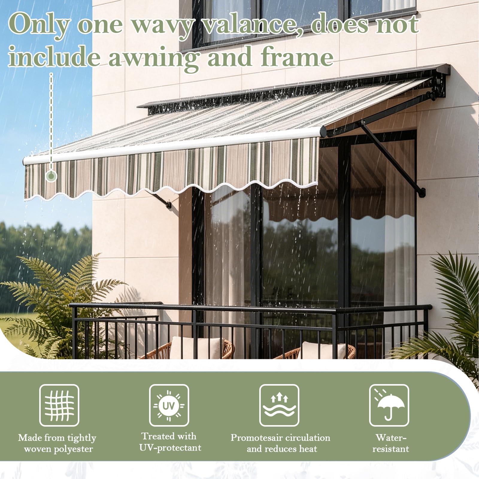 Mantovana di ricambio per tende da sole, 3 m x 20 cm, impermeabile, resistente ai raggi UV, per balcone, terrazza, tenda di ricambio (strisce verdi)