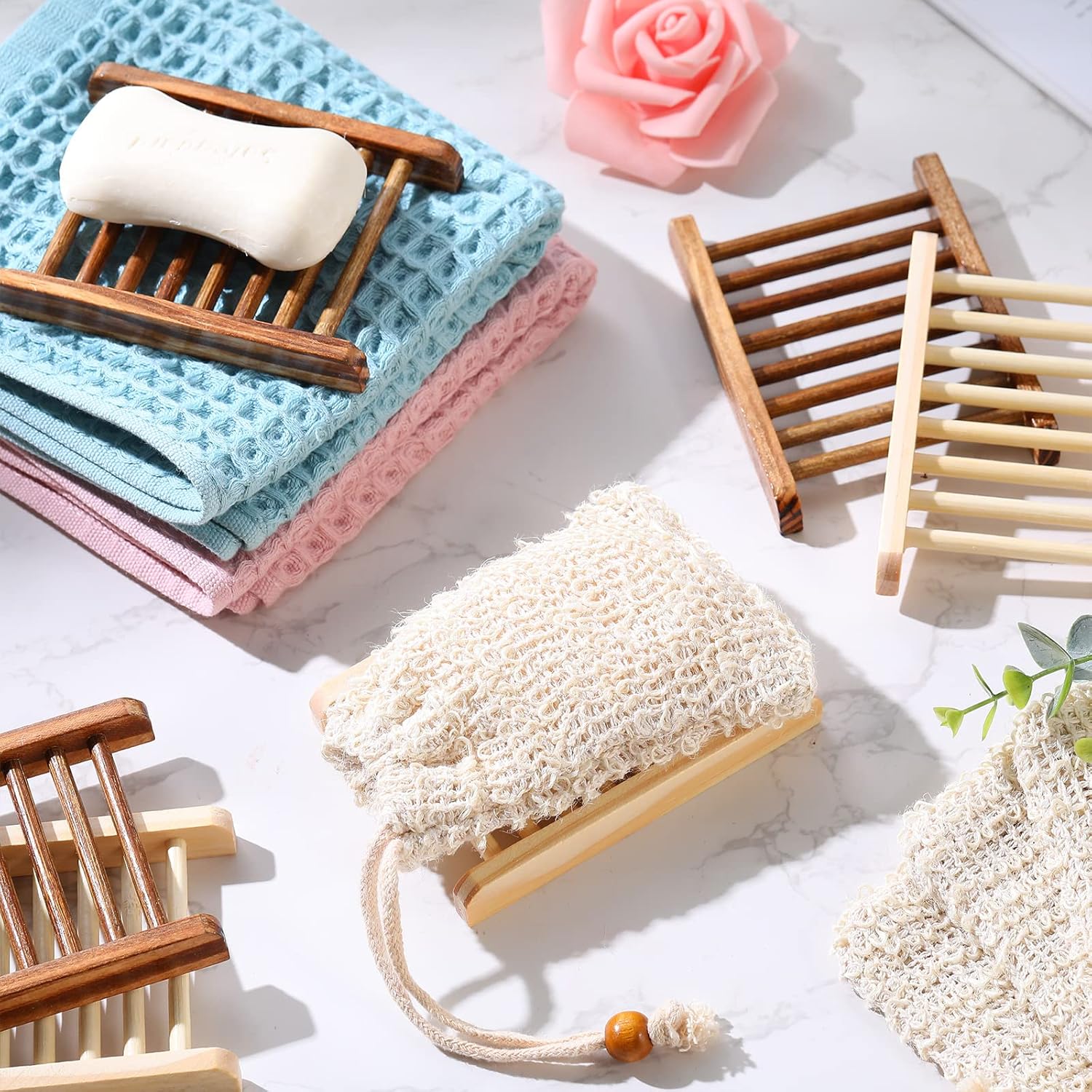 Soap Exfoliating Bag Holder Set Included Bathroom Wooden Soap Dish Pine Wood Soap Holder Tray Natural Bar Soap Pouch Mesh Bath Soap Saver Bag Container (Wood Color, Carbonized Color, 40 Pcs)