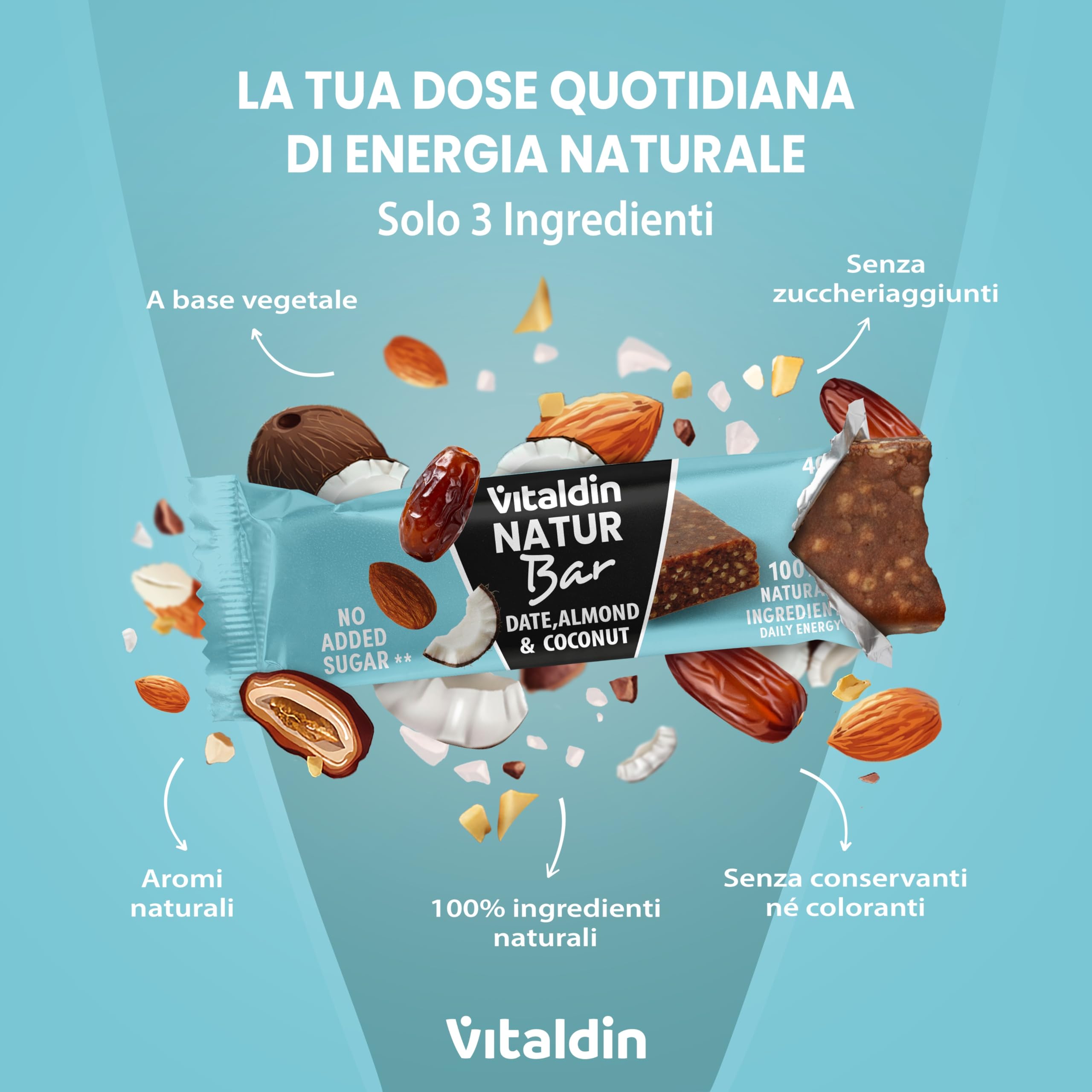 VITALDIN Barrette Energetiche Natur Bar Mandorla e Cocco – Senza Zuccheri Aggiunti e Vegane – Barrette Naturali con Datteri e Frutta Secca – Confezione da 12 x 40g