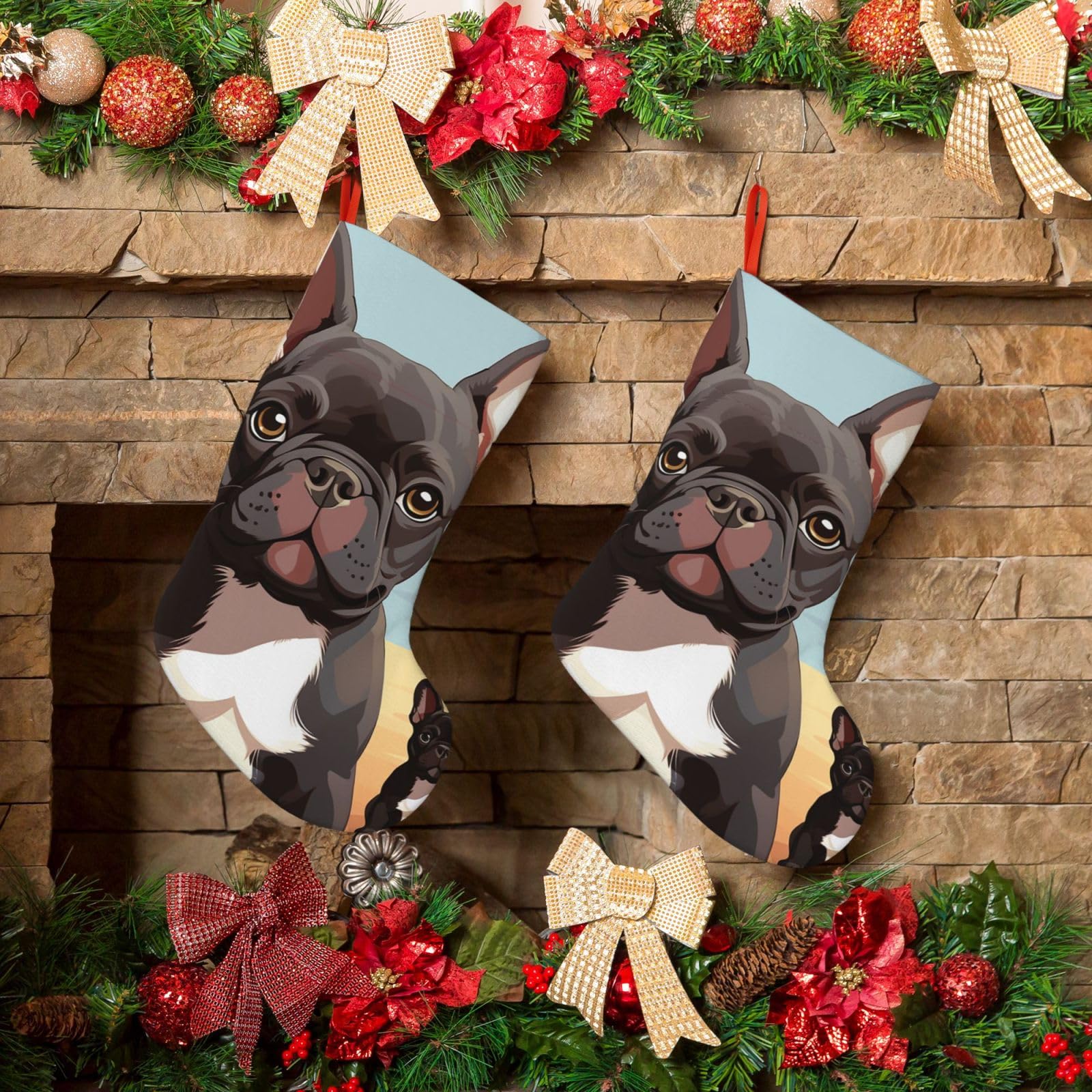 KLOPH Christmas Stockings 18" Personalized Xmas Stocking French Bulldog Dog Cute Decoration Stocking Hanging Fireplace Stocking for Holiday Xmas Tree Christmas Fireplace Decor