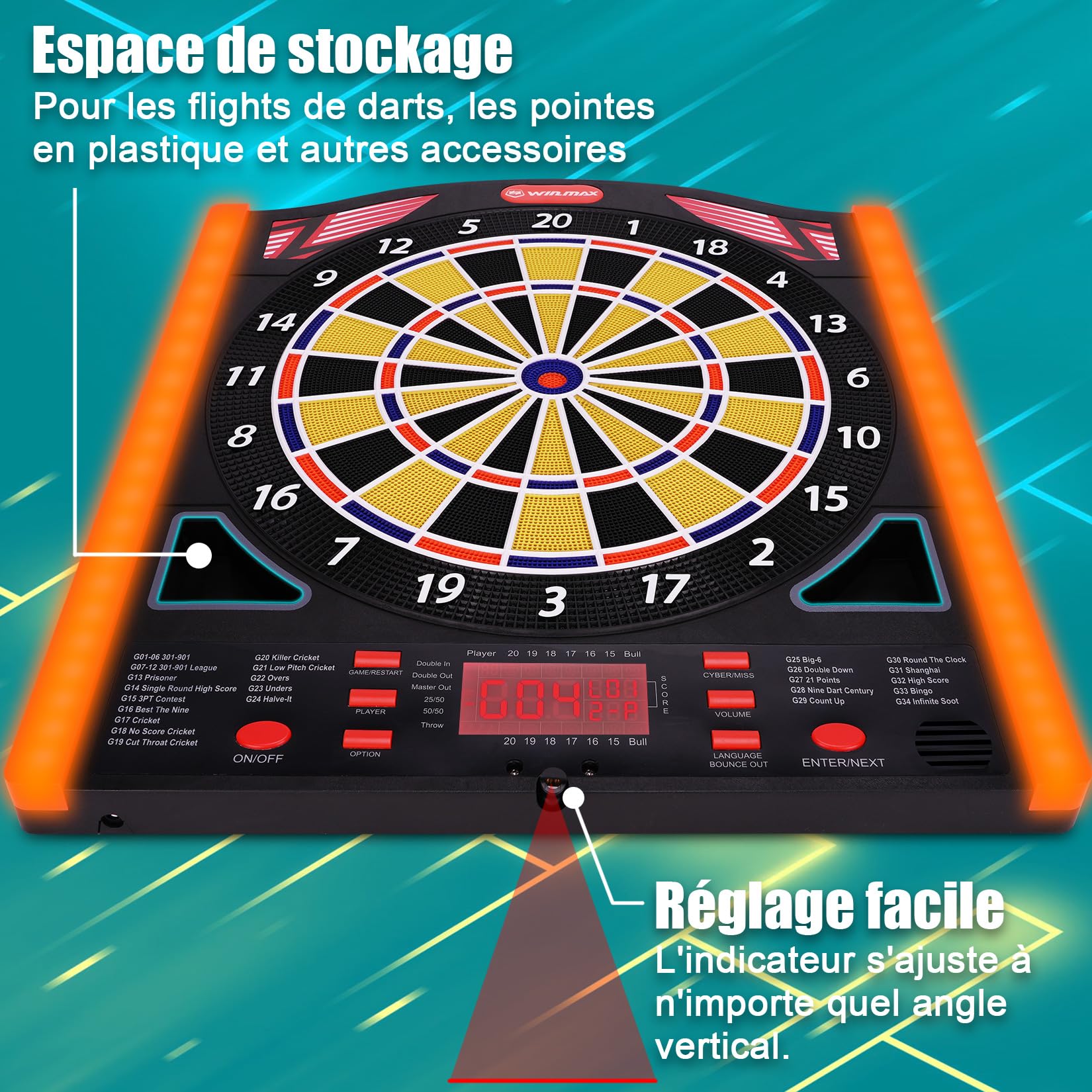 WIN.MAX Jeu de fléchette électronique Cible flechette Profi Set 34 Jeux 12 fléchettes 1-8 Joueurs