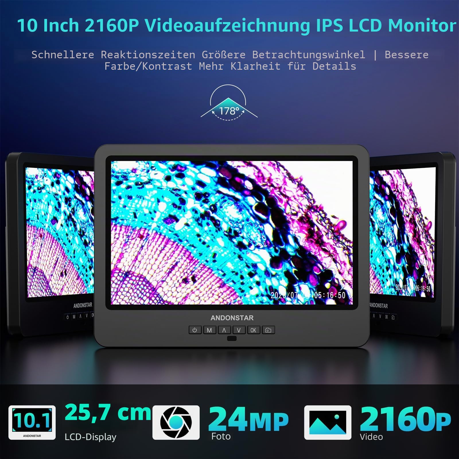 Andonstar AD269S 20X-5000X HDMI Digitalmikroskop mit 10,1'' LCD-Bildschirm für Erwachsene und Kinder, Heimlabor-Mikroskop-Set mit Objektträgern, Vollbild für Münzen, Windows-kompatibel