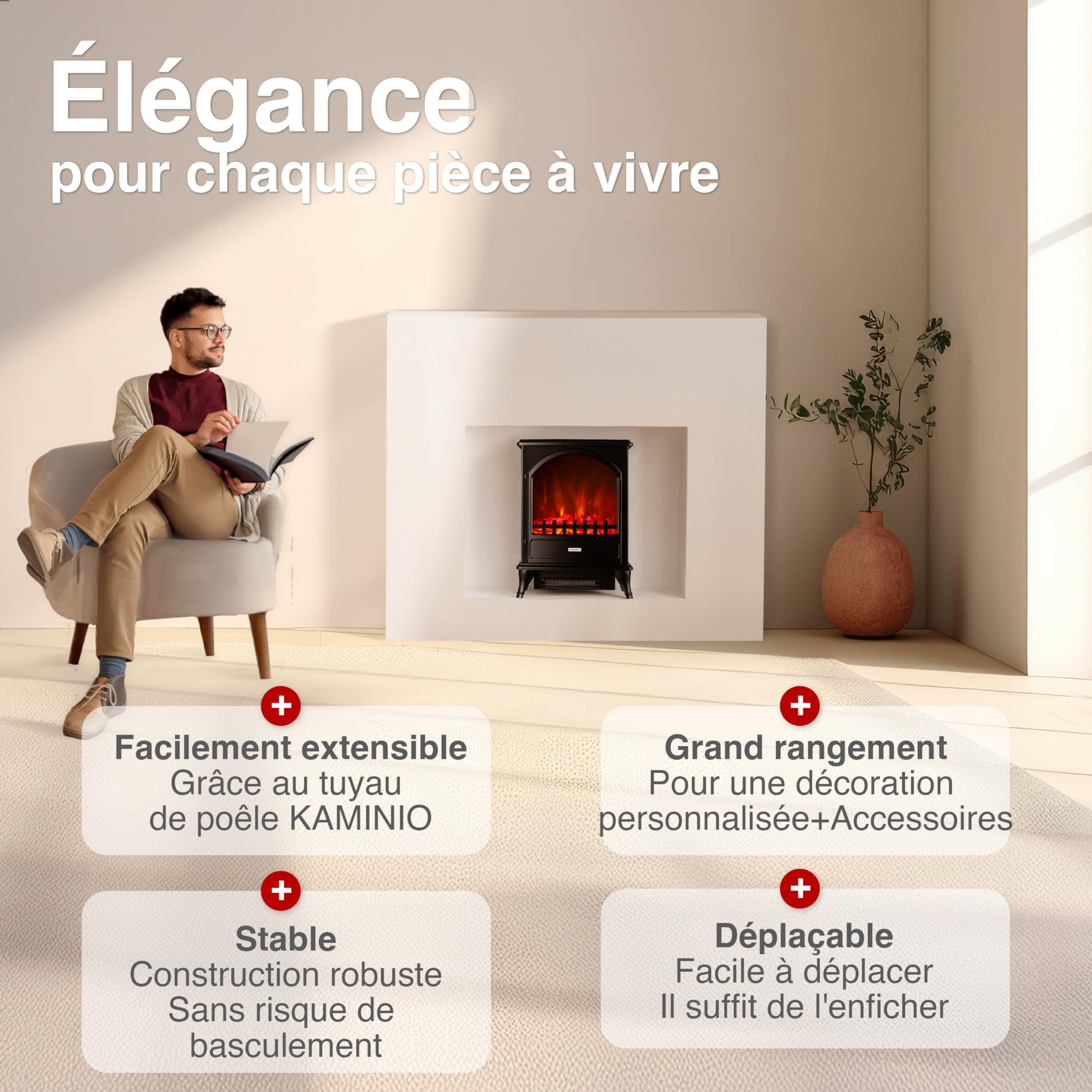 KAMINIO Cheminée électrique Leni - Poêle électrique avec Chauffage, Effet de Flamme 3D (Noir)
