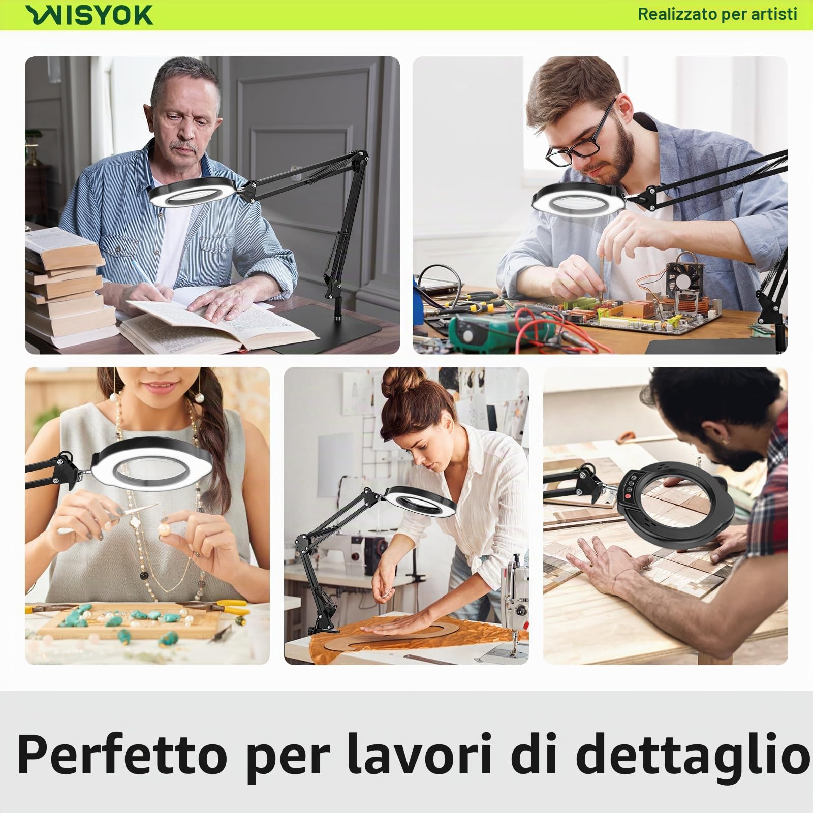 WISYOK Lente Ingrandimento con Luce, 10x LED, Base e Braccio Orientabile