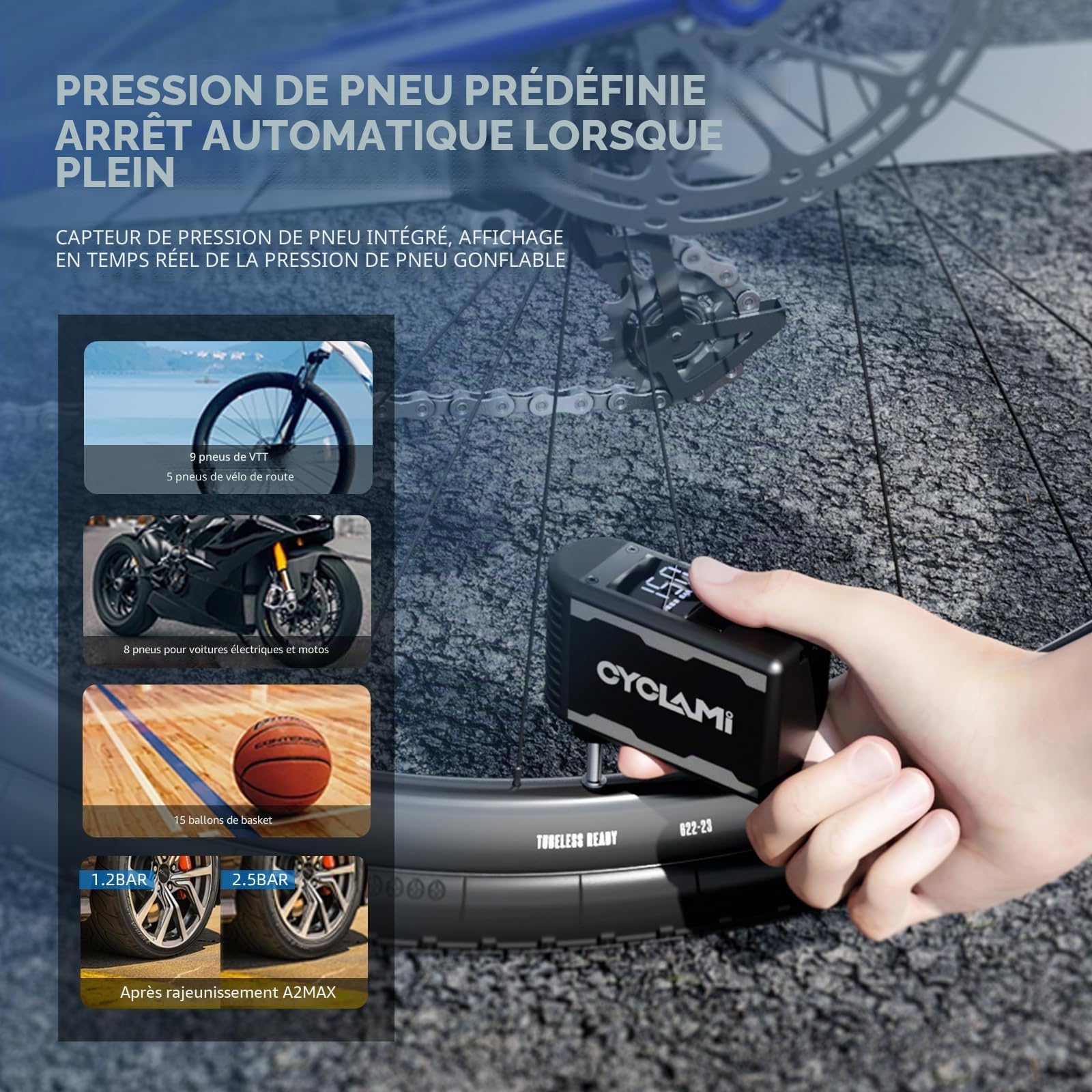 A2MAX Pompe à Vélo Electrique Mini Pompe Velo Portable avec Manomètre Numérique Max 150 PSI arrêt Automatique pour Tous Les vélos pour Valve Schrader et Presta
