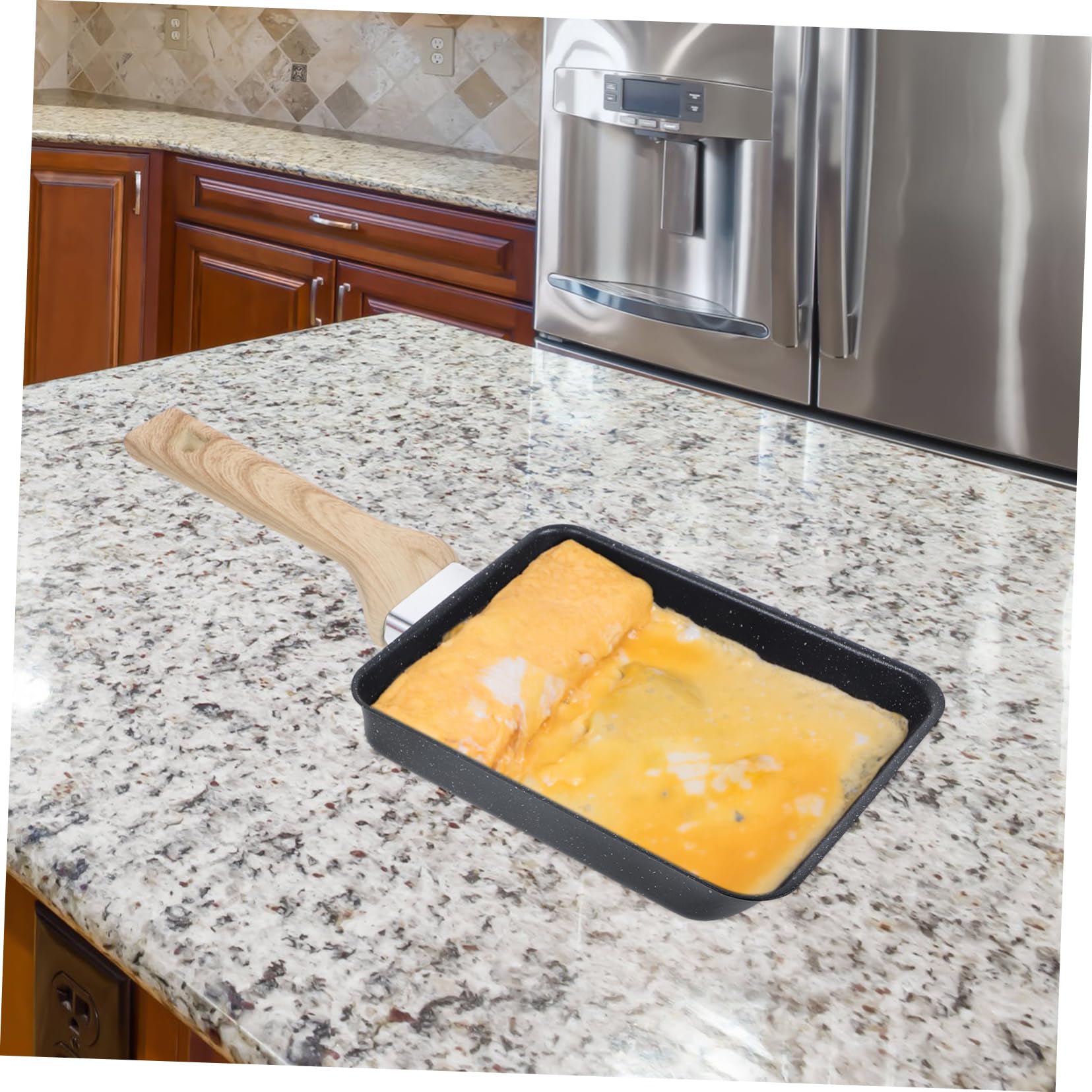 Padella Giapponese per Frittata Antiaderente Spatola in Silicone, Manico in Legno, Rettangolare, per Cucina di Casa