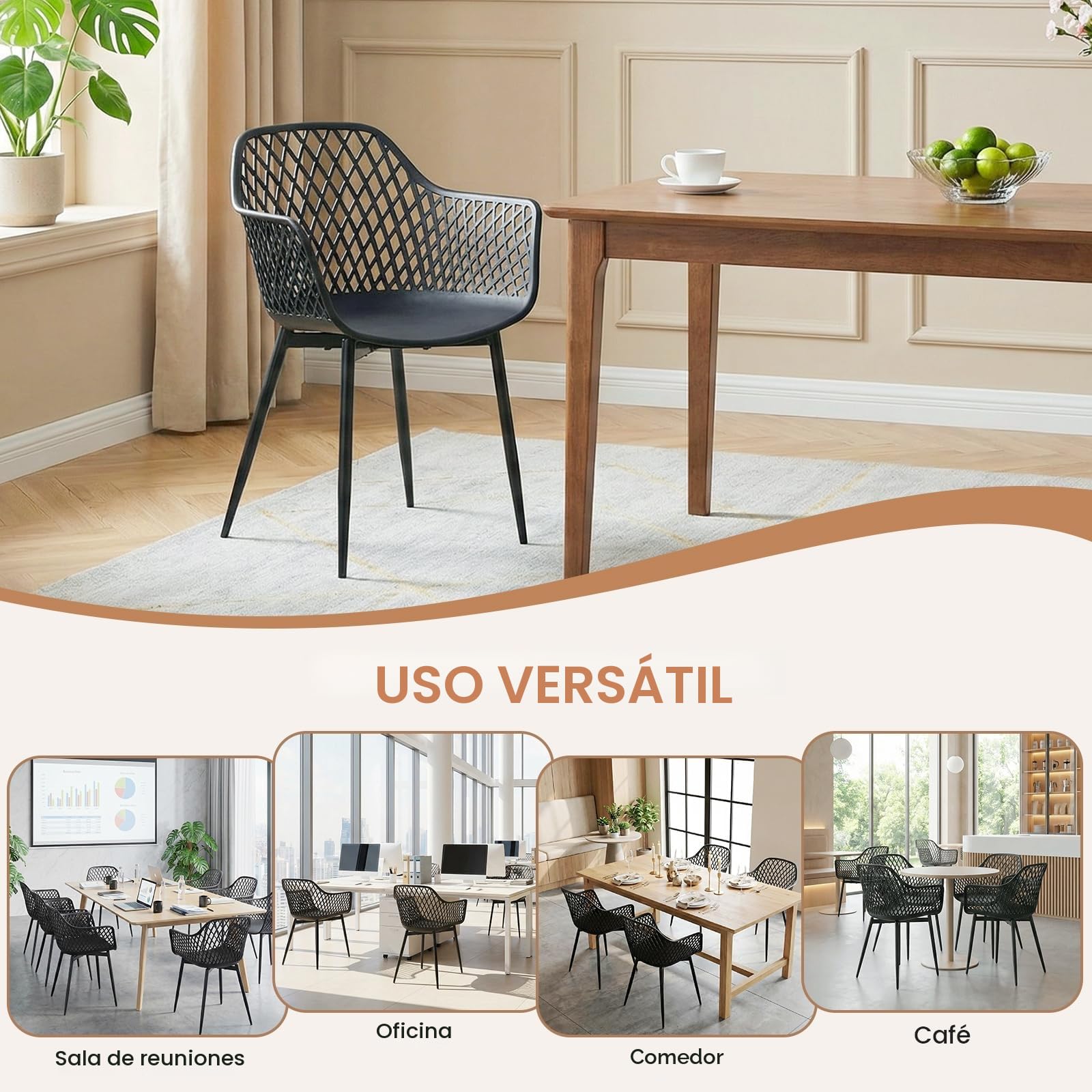 buybyroom Sillas de Comedor, Sillas de Cocina Pack 4 con Reposabrazos, Patas de Metal, Respaldo Ergonómico, Asiento Ancho, para Comedor, salón, Capacidad de Carga 120 kg, Negra