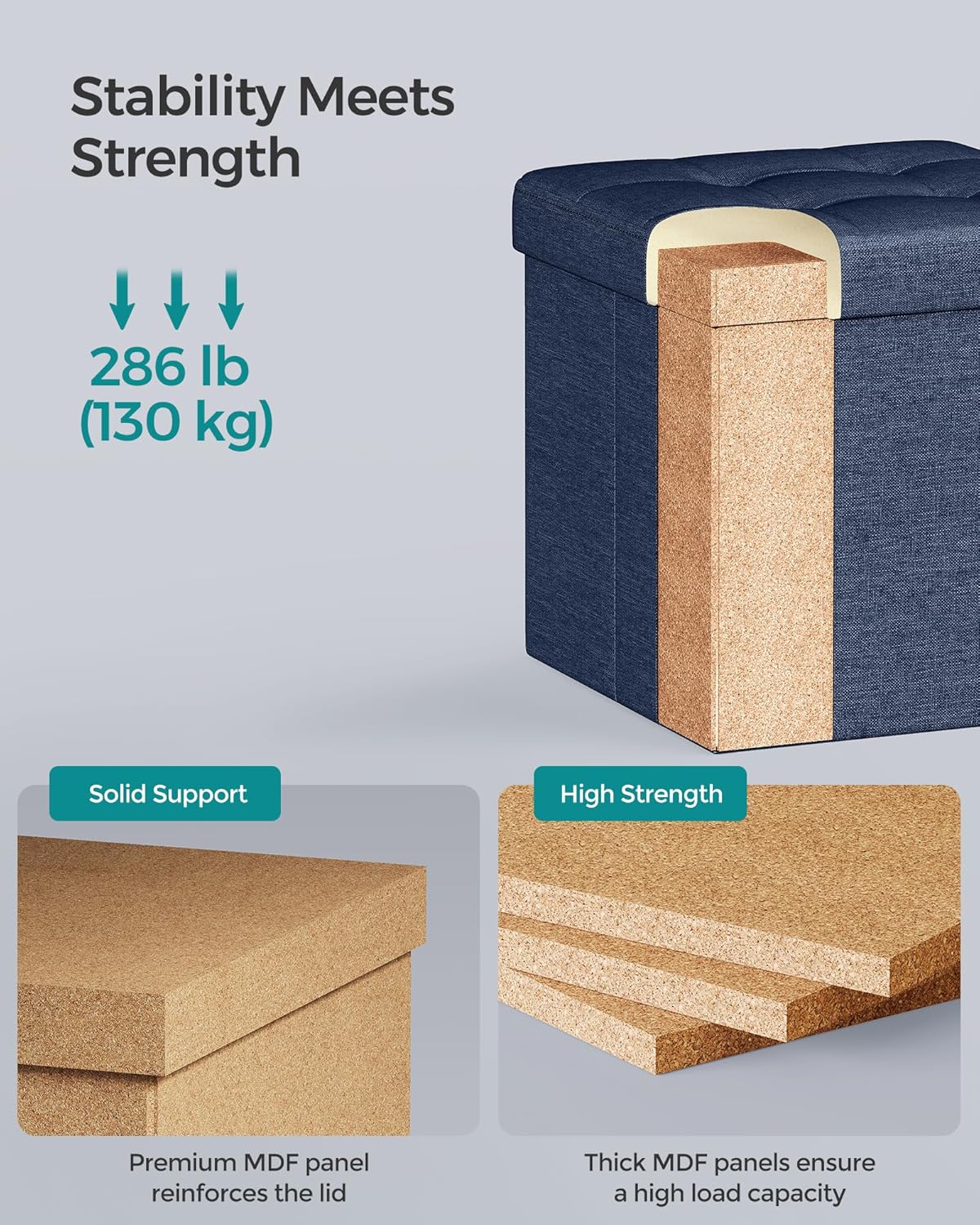 SONGMICS Storage Ottoman, Foldable Small Ottoman Foot Rest, 11.8 Inches Foot Stool, Cube Ottoman with Storage, Load up to 286 lb, for Living Room, Bedroom, Dorm, Midnight Blue ULSF028Q02 - Image 4