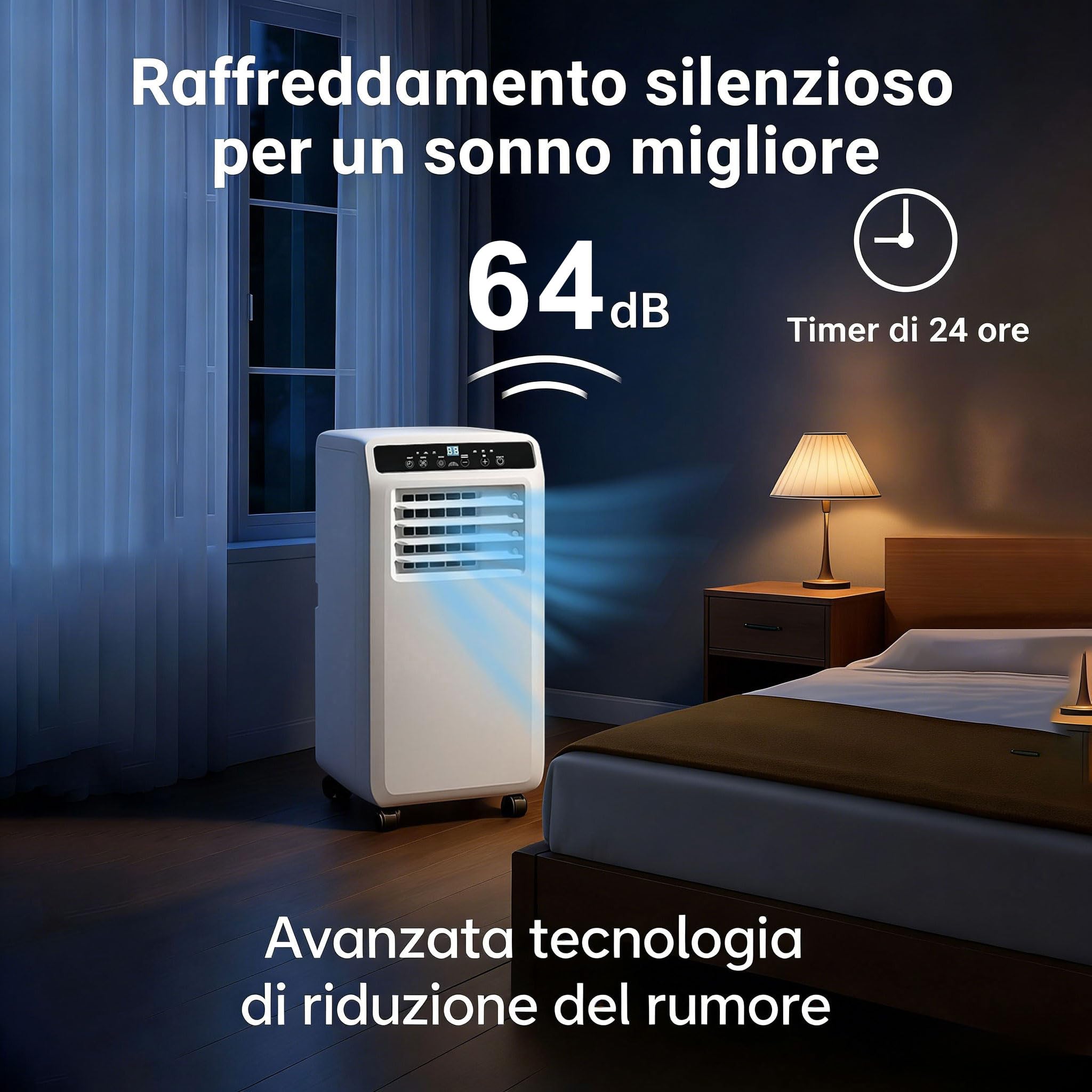 Climatizzatore portatile 9000 BTU 3-in-1 fino a 35 m²: raffreddamento, ventilazione e deumidificazione. Con telecomando, kit installazione, timer 24h e funzionamento silenzioso
