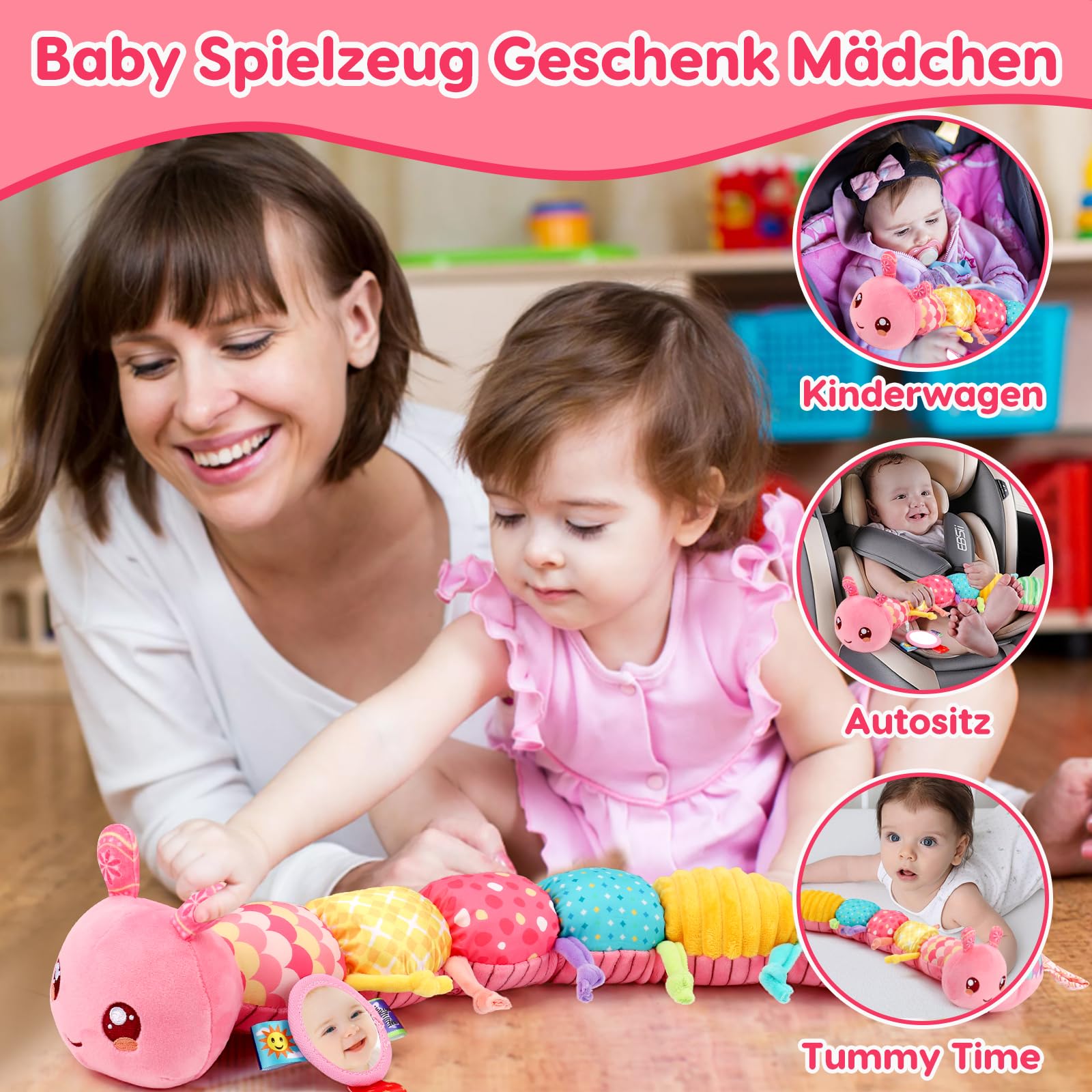 Baby Spielzeug 0 3 6 Monate Raupe Musikspielzeug, Montessori Sensorik SpielzeugBaby Geschenk Mädchen mit Lineal Greifling Rassel Spiegel, Babyspielzeug Neugeborenen Geschenk, Tummy Time Baby Toys