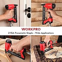 Vista 5 de WORKPRO Pistola de grapas neumática 8016, grapadora de tapicería de calibre 21 con 1500 grapas de 14 a 58 pulgadas, accionada por aire, escape