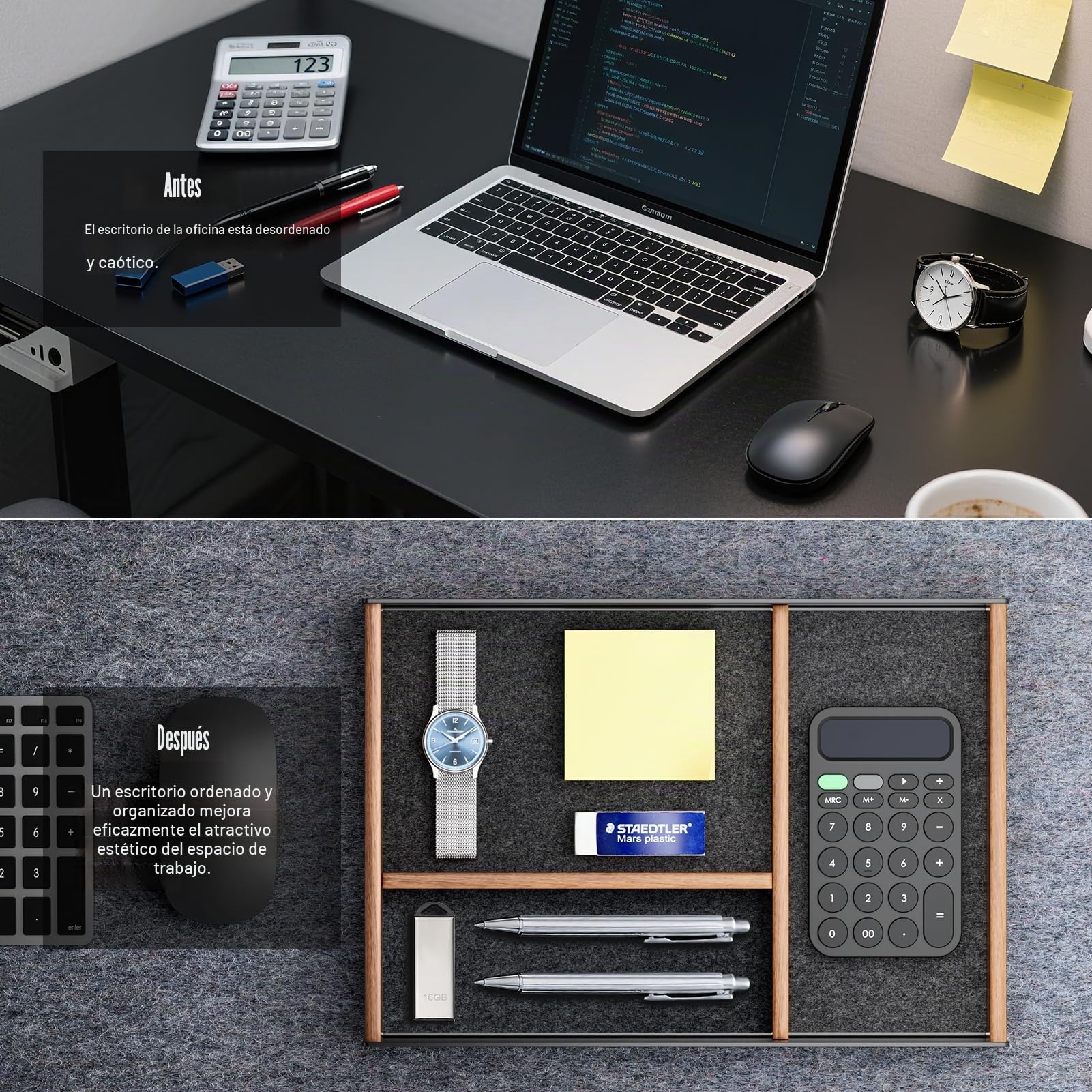 Bandeja organizadora de cajones de escritorio de madera de nogal, bandeja de valet hecha de aluminio y madera, accesorios estéticos de escritorio para oficina, espacio de trabajo, almacenamiento de