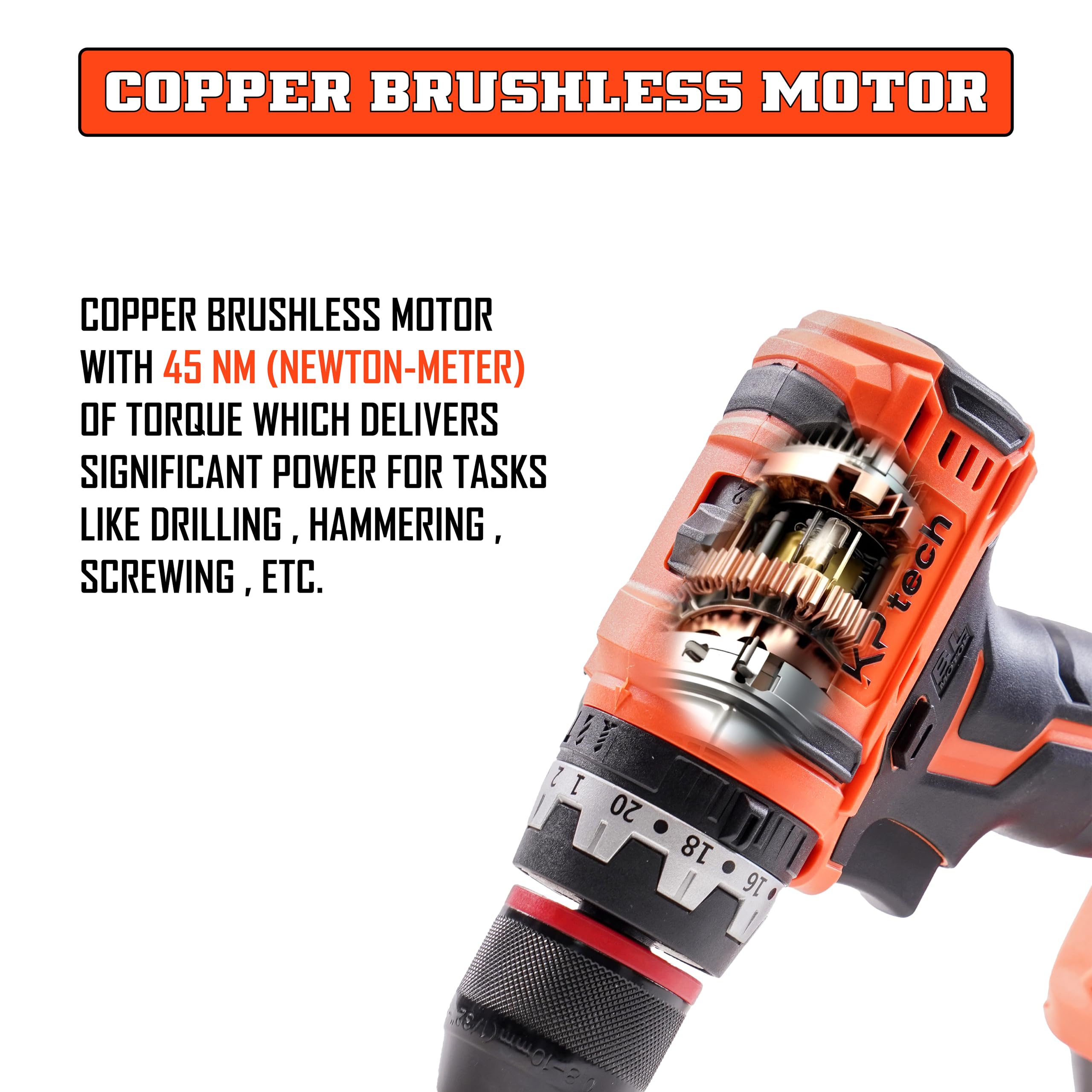 KP Tech Professional Tool Kit with 20V Cordless Impact Drill, 10mm