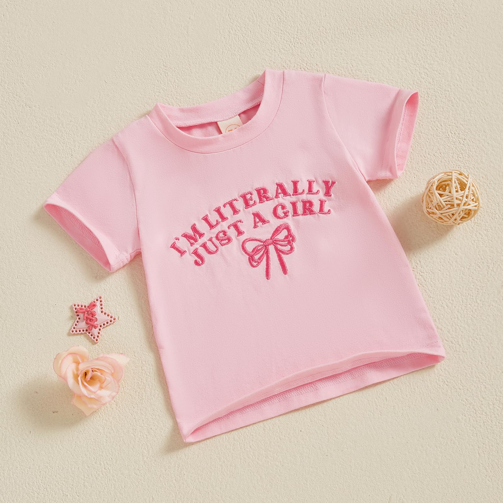 Toddler Baby Girls Clothes Short Sleeve I'm Literally Just A Girl Bow Embroidery T-Shirt Top Cute Summer Tee (Pink, 2-3 Years)