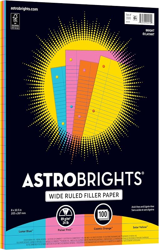 Filler Paper, 8" x 10 1/2", Wide Ruled, 20 Lb, FSC® Certified, Assorted Colors, Pack Of 100 Sheets
