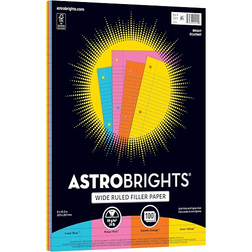 Astrobrights® Filler Paper, 8" x 10 1/2", Wide Ruled, 20 Lb, FSC® Certified, Assorted Colors, Pack Of 100 Sheets