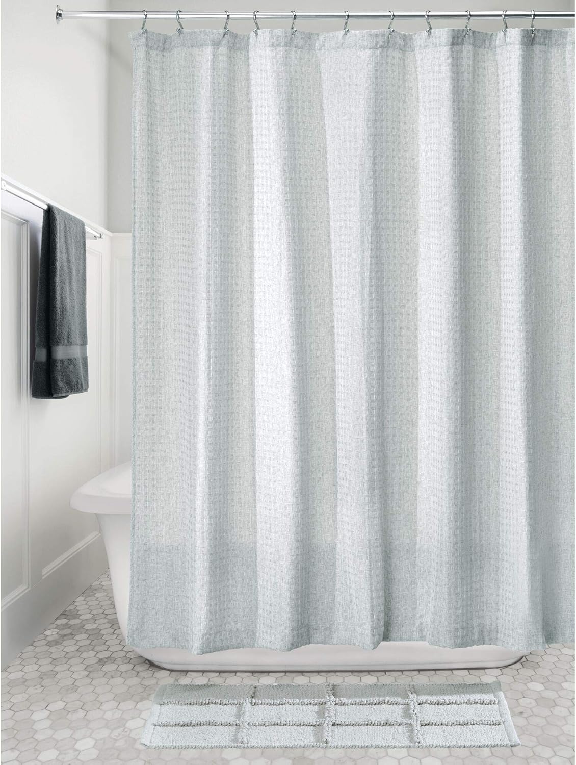 InterDesign Waffle Weave Fabric Shower Curtain, Luxury Hotel Style for Master, Guest, Kids' Bathrooms, Bathtubs, Stalls, 72" X 72", Heathered Spa Blue