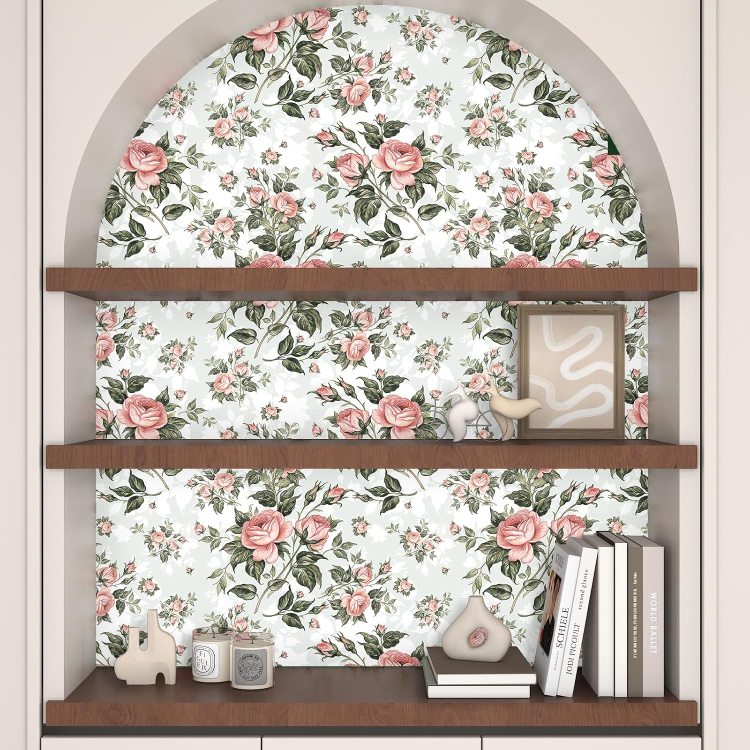 17.7"x160" Elegant Rose Floral Peel and Stick Wallpaper Prepasted Botanical Wallpaper Light Green Pink Flower Contact Paper Waterproof Removable Baby Nursery Wall Decor for Room Wall Shelf