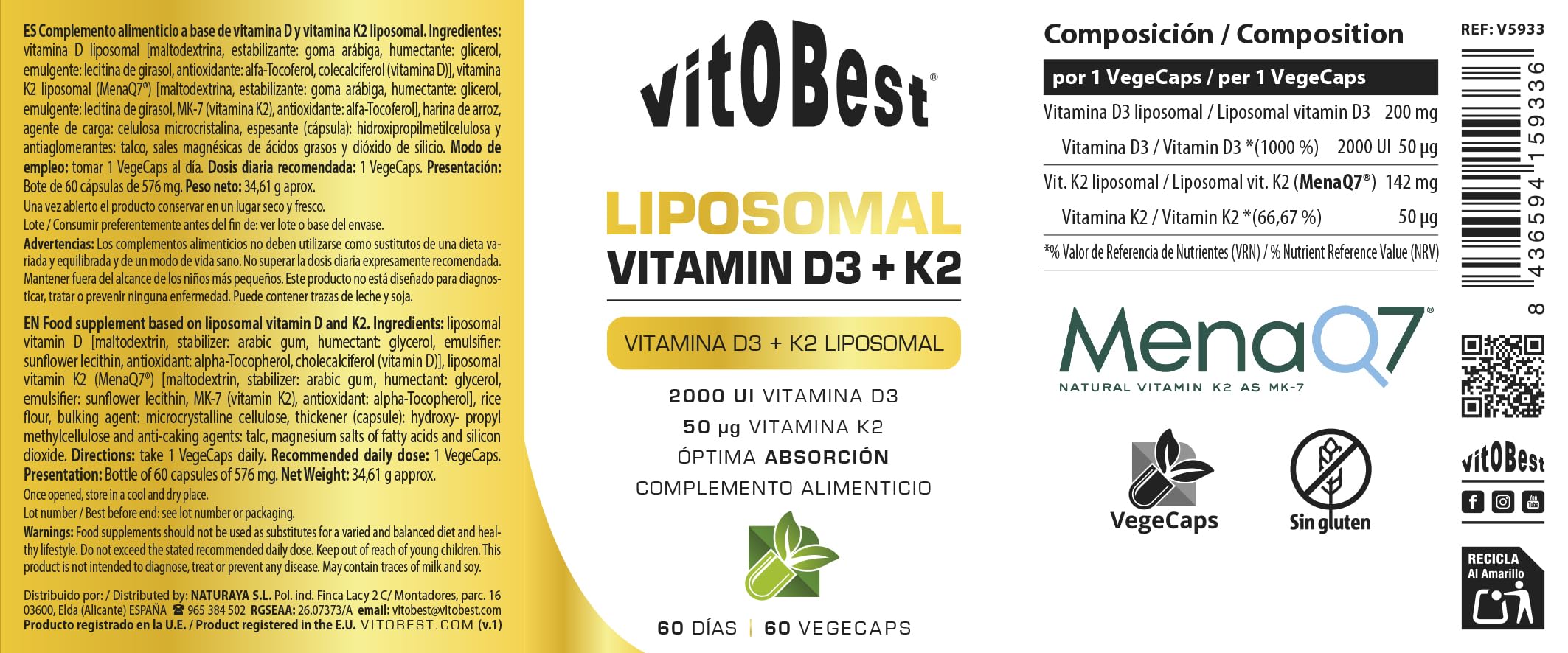 VITOBEST | Liposomal Vitamin D3+K2 | Contribuye a la absorción normal del calcio y al mantenimiento de los huesos | Vitamina D3 + K2 (MK-7) con tecnología liposomal | 60 VegeCaps