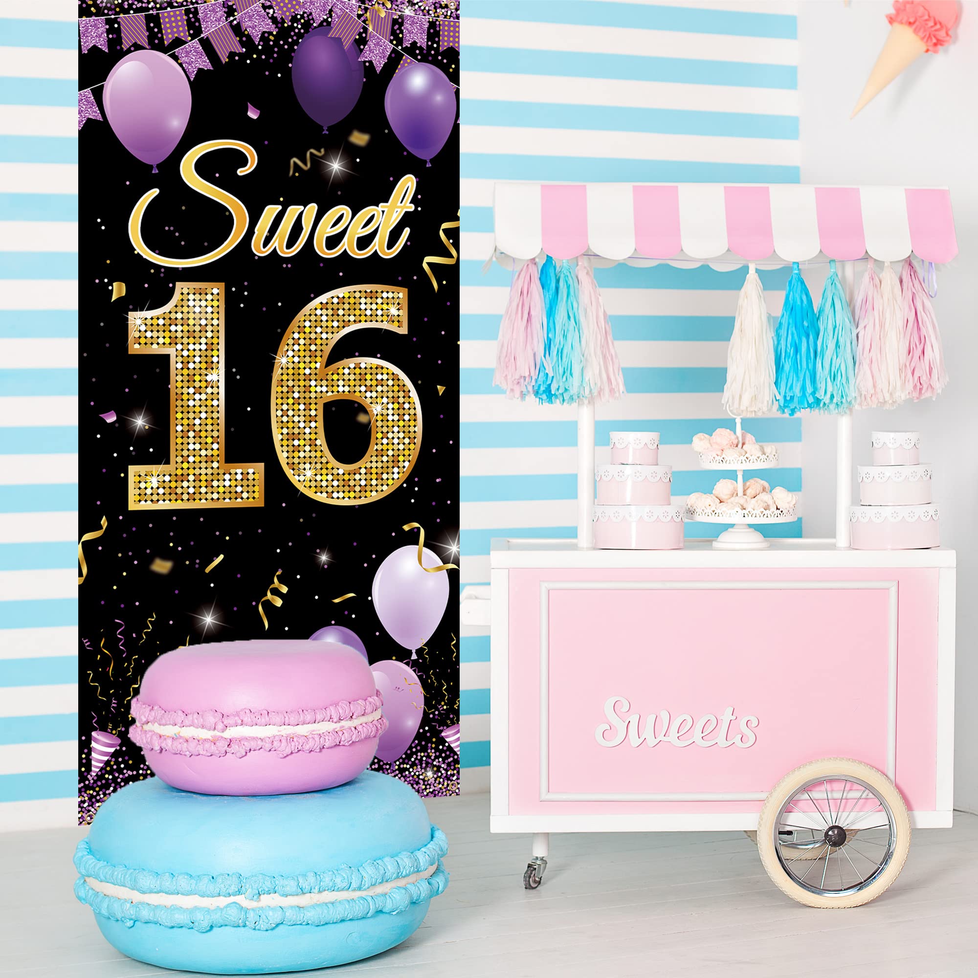 Sweet 16 Geburtstags-Banner – Lila-gold, 185x90 Cm, Für Tür & Fotoecke, Inkl. Aufhängeschnur