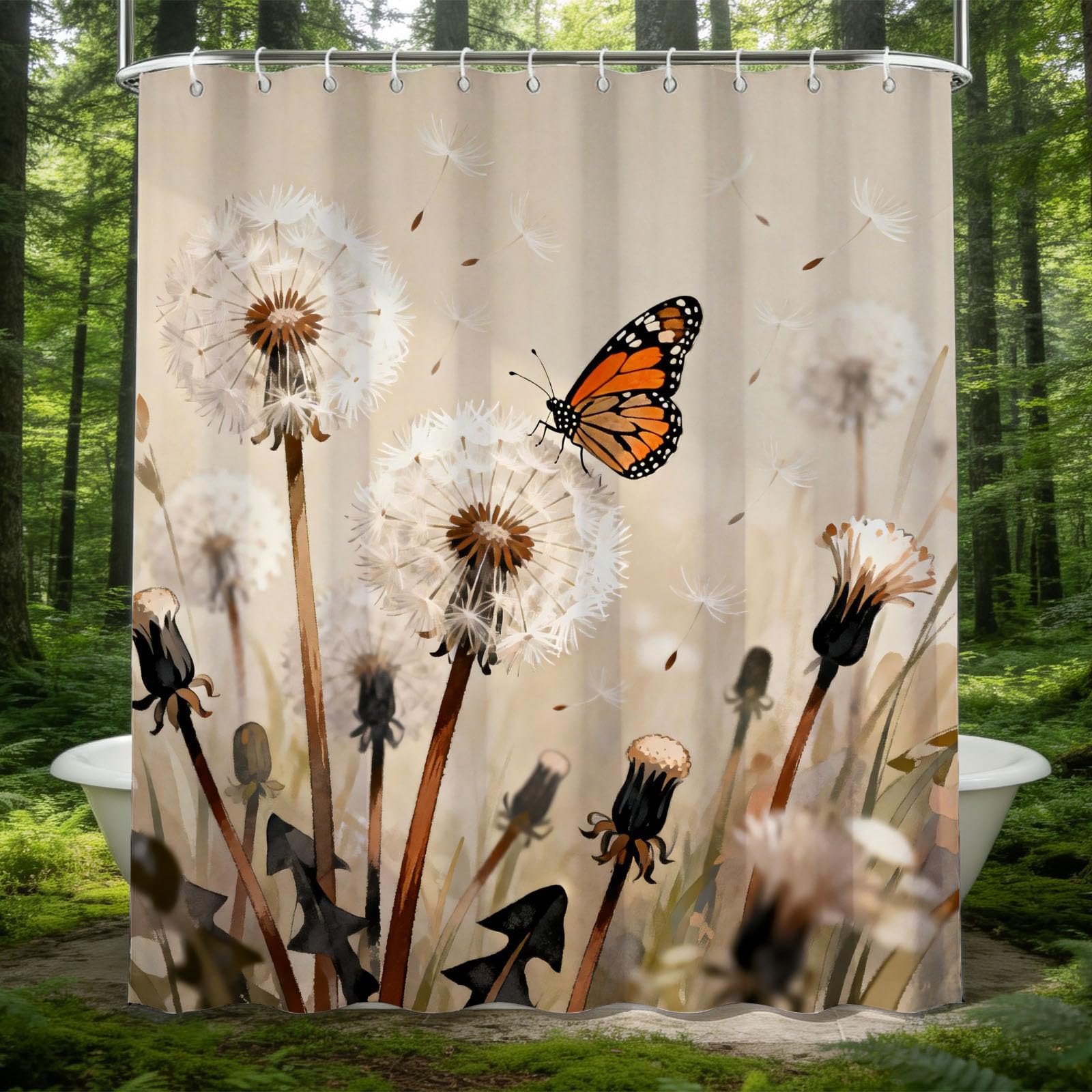 Hongduo White 3D Watercolor Dandelion Shower Curtain For Stalls Bathtubs Butterflies Bathroom Decor Shower Curtain Set Polyester Fabric Waterproof 200X200cm/79X79 Inch With Hooks