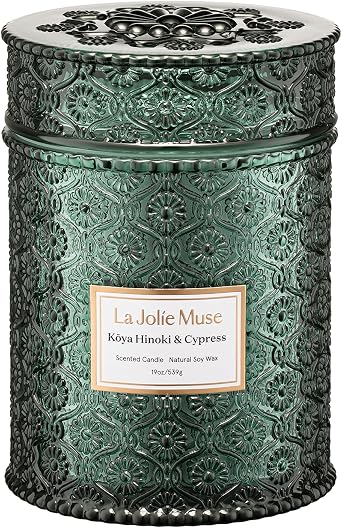LA JOLIE MUSE Hinoki & Cypress Scented Candle for Home | Pine & Cedarwood | Christmas Winter Holiday | 19 oz Non Toxic Natural Soy | Large Green Jar Candle | Luxury Gifts for Women & Men | Wood Wick