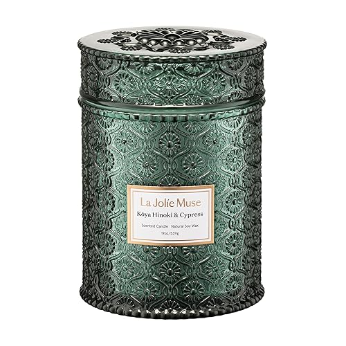 LA JOLIE MUSE Kōya Hinoki & Cypress Scented Candle – Pine, Leather & Hinoki | 19 oz Festive Christmas Candle | Wooden Wick | Clean Burn & Vibrant Scent | Fun Gift for Hosts & Fall Tablescapes - Kōya Hinoki & Cypress