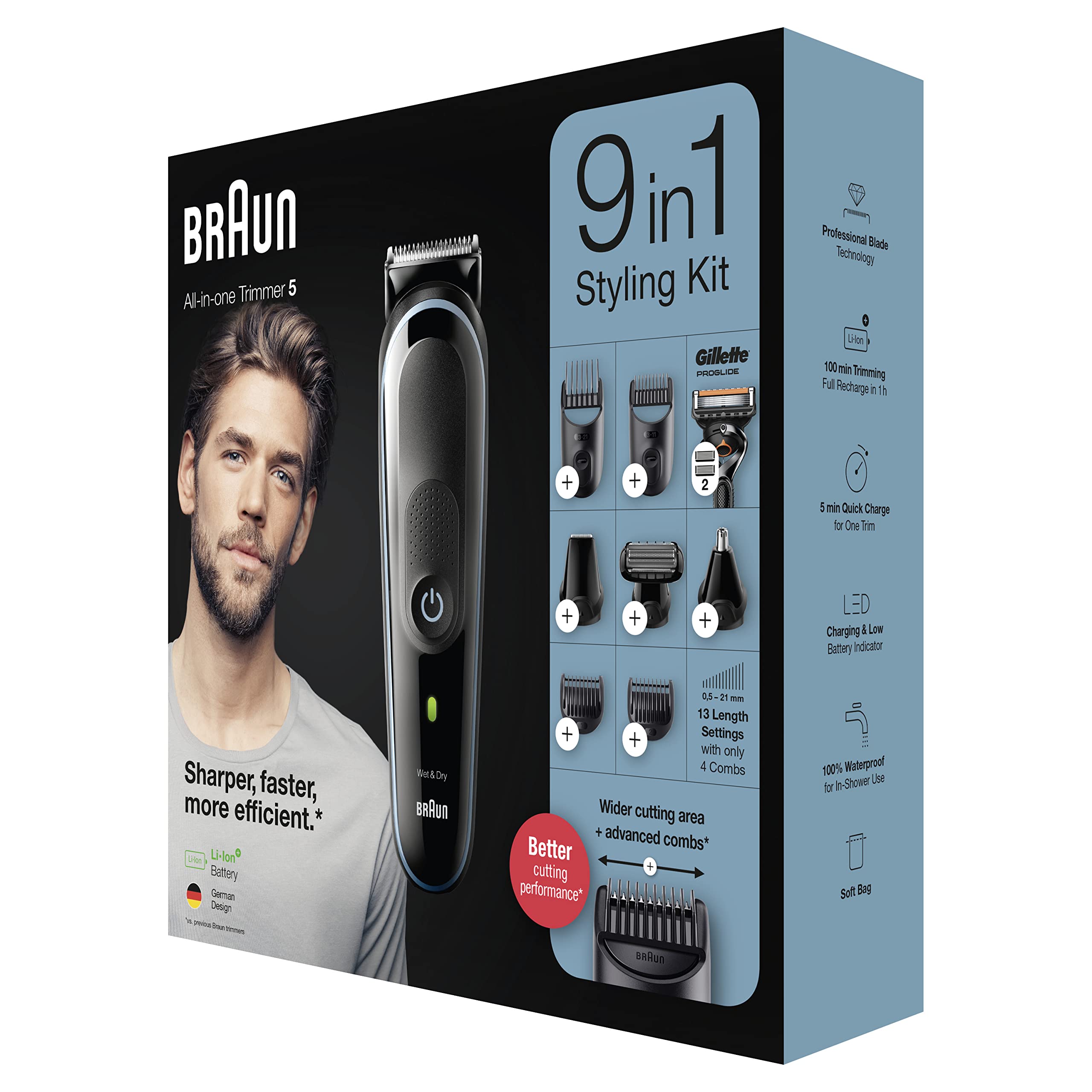 Braun Multi-Grooming-Kit 5, 9-in-1 Barttrimmer und Haarschneider/Haarschneidemaschine für Haarentfernung Herren, für Gesichts-, Kopf-, Körperhaare, 7 Aufsätze, Geschenk Mann, MGK5380, schwarz/blau