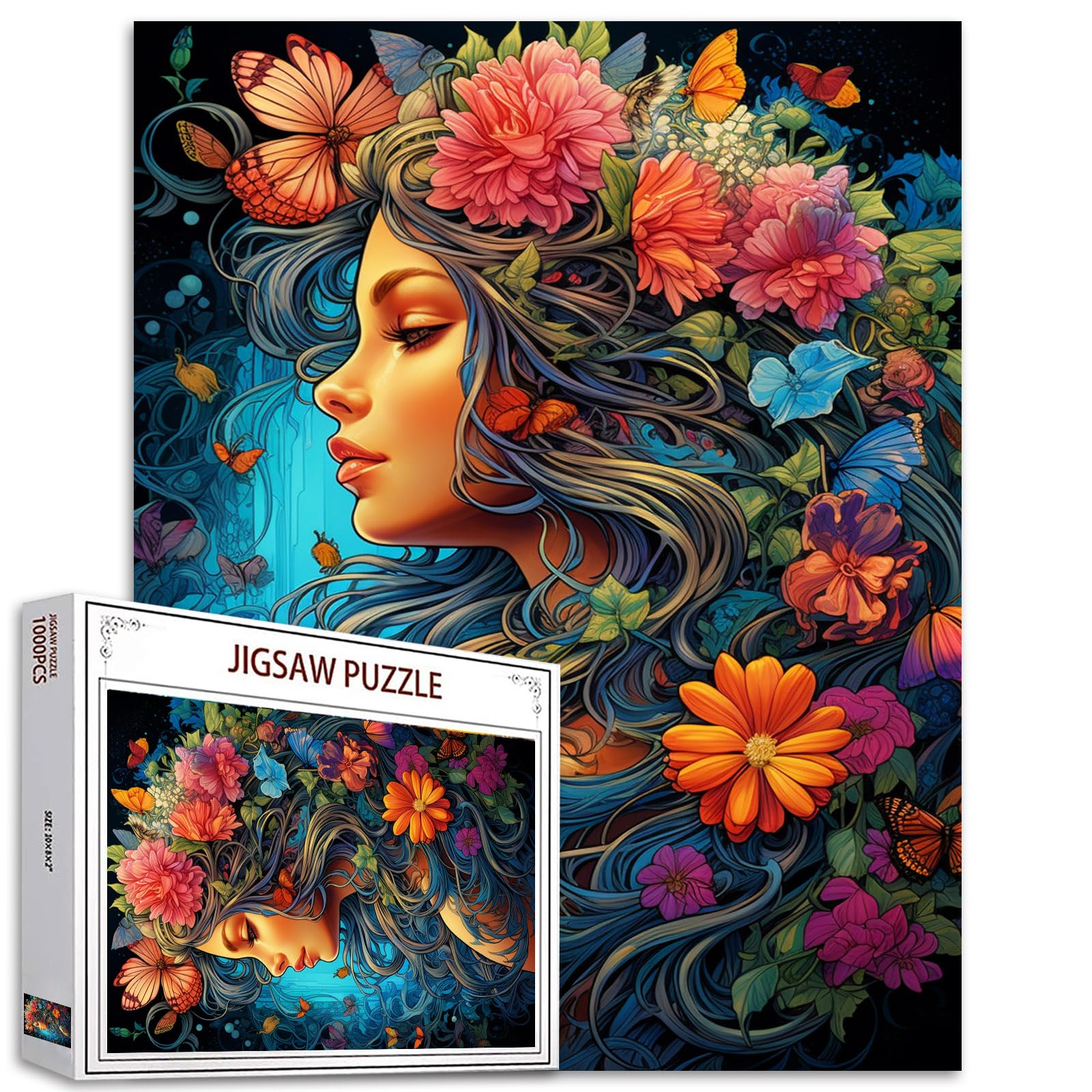 Graffitic Girl Jigsaw Puzzles 1000 Pieces for Adults, Families (Fashion Woman,Butterfly Flowers,Hydrangea) Pieces Fit Together Perfectly 19.7''x27.6''inch Forest Princess Frameable Magic Puzzle Art