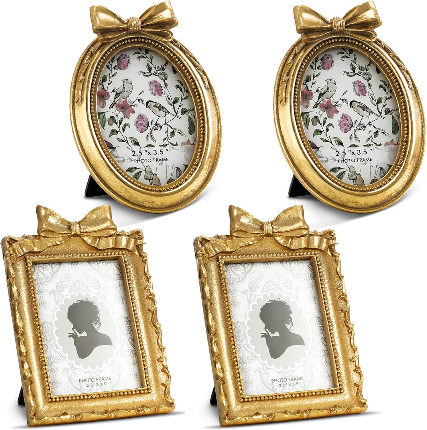 Qunclay 4 Pcs Mini Gold Vintage Picture Frame Small Rectangle Oval Antique Resin Photo Frames with Glass Front Tabletop and Wall Hanging Baroque Ornate for Home Wedding Decor (2.5 x 3.5 Inch)