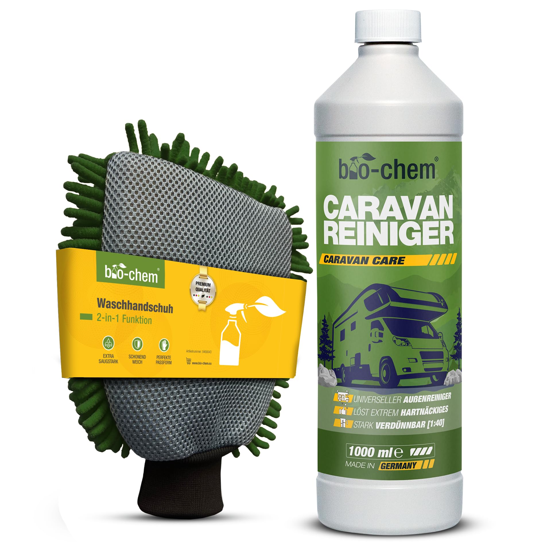 bio-chem Caravan- & Wohnmobil-Reiniger – Extra Starkes Konzentrat – 1000 ml inkl. 2-in-1 Mikrofaser-Waschhandschuh – Reiniger für Wohnmobile, Wohnwagen, Vorzelte – Made in DE