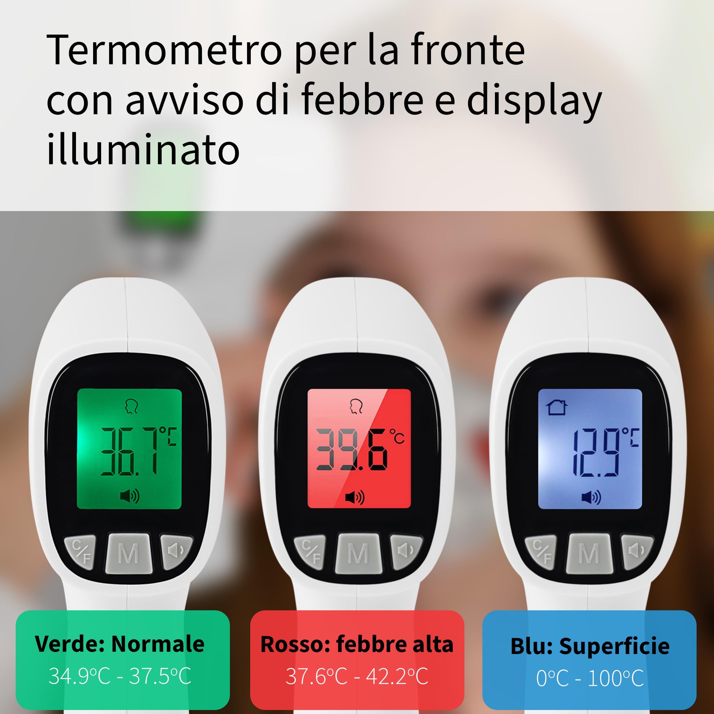 Pulox JPD-FR202 Termometro clinico a infrarossi da fronte e superficie per bambini e adulti - Display LCD, allarme febbre e richiamo memoria