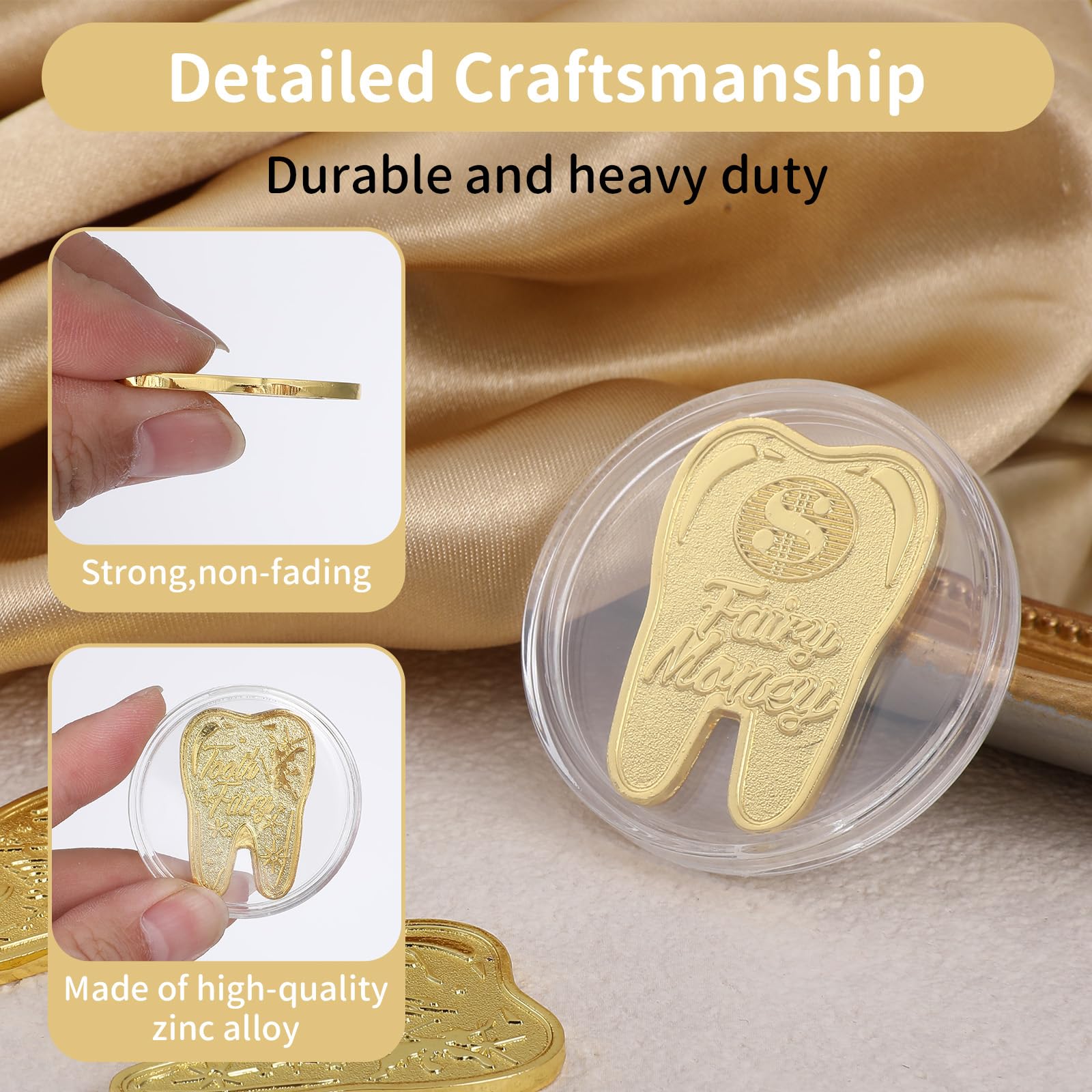 Sibba 6 PCS Tooth Fairy Coins Keepsake Kit Lost Teeth Reward Commemorative Coin with Case Zinc Alloy Dental Tooth Fairy Golden Novelty Coin Milestone Dentistry Dentist Funny Gifts Stocking Stuffers