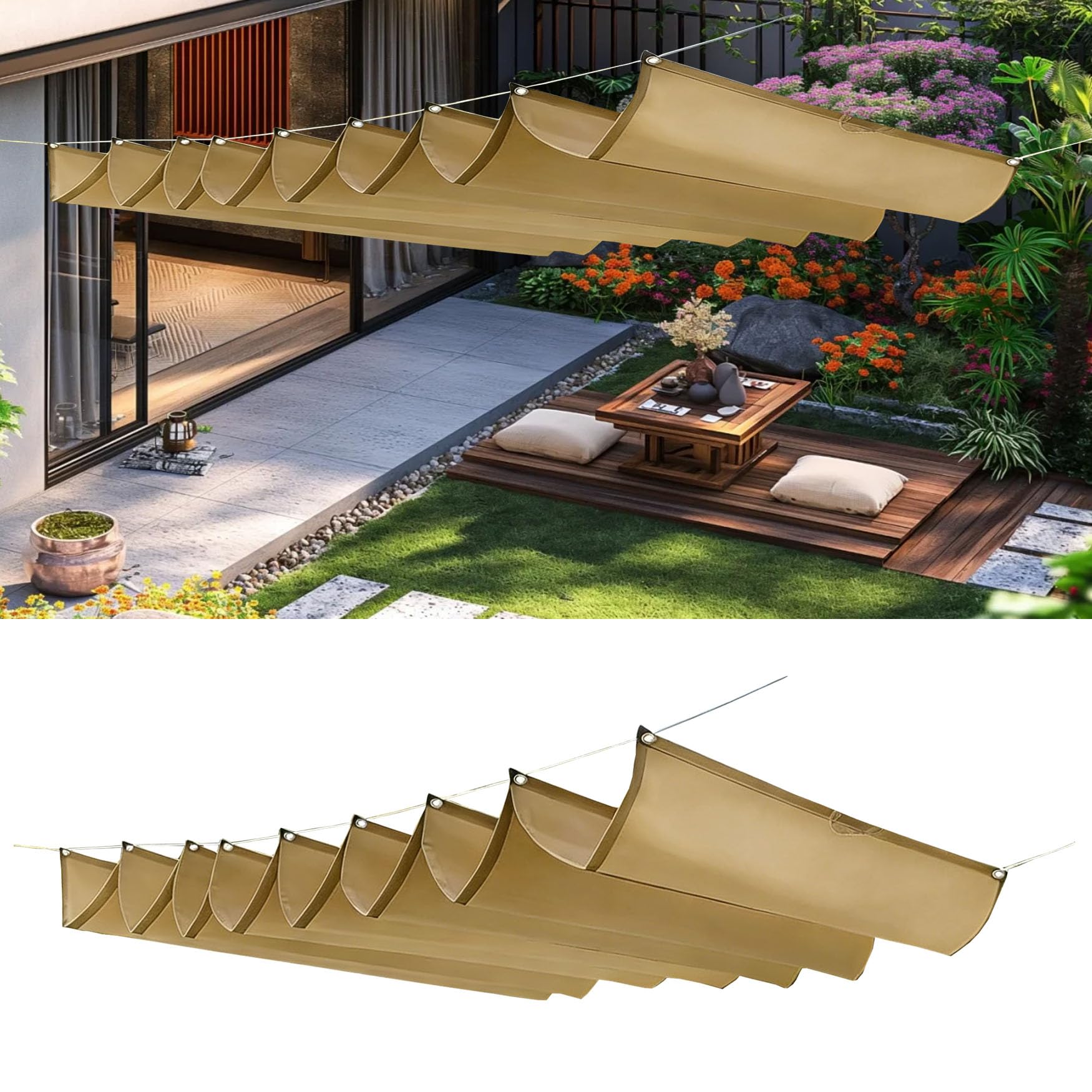 Voile d'ombrage vague rétractable kaki 160x950 cm imperméable pour pergola et terrasse
