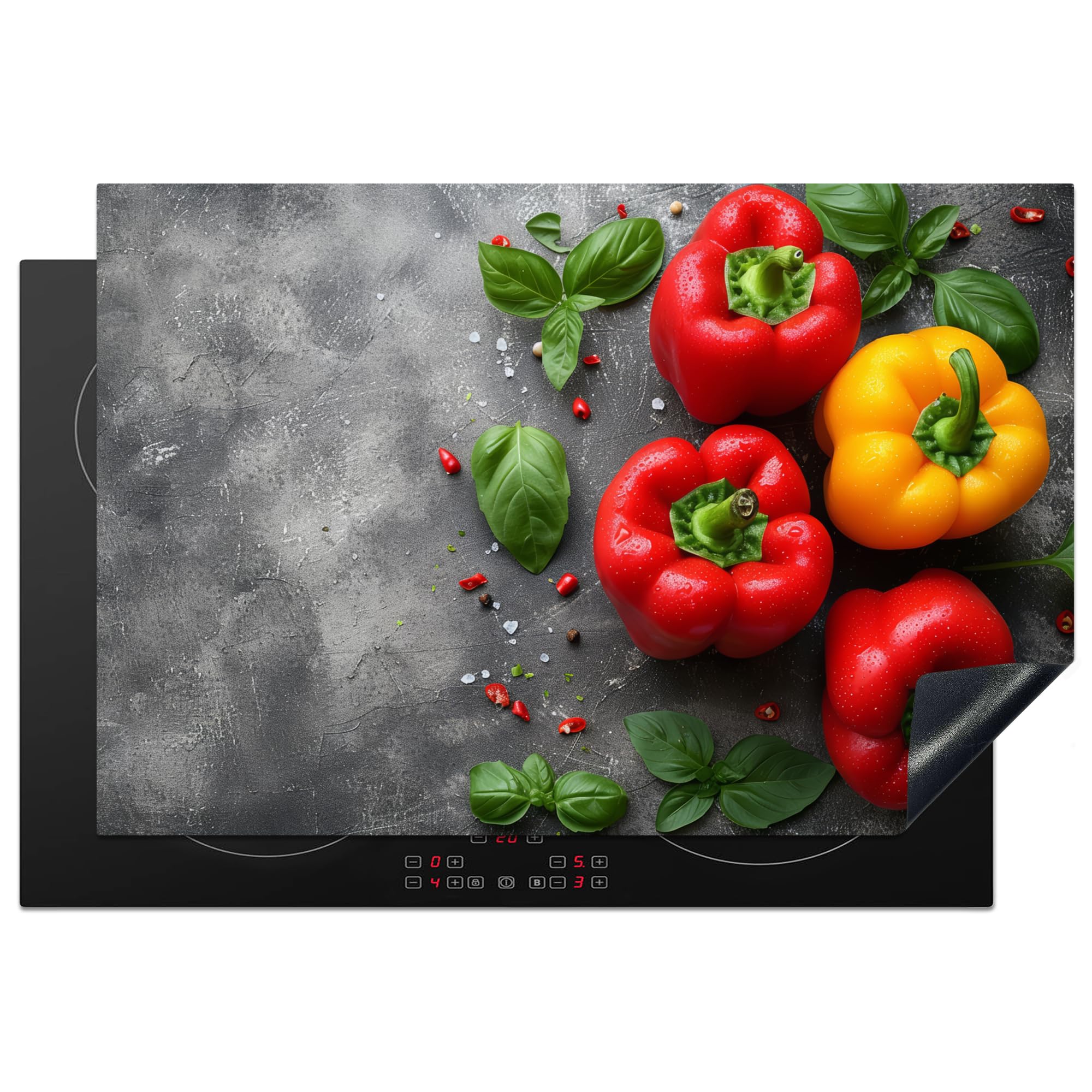 KitchenYeah© Induction Hob Protector Mat 20.5"x30.7" / 78x52 cm Cooker Top Protectors Cover Ceramic Covers Electric Hobs Vinyl Sweet Pepper - Concrete - Vegetable - Leaves