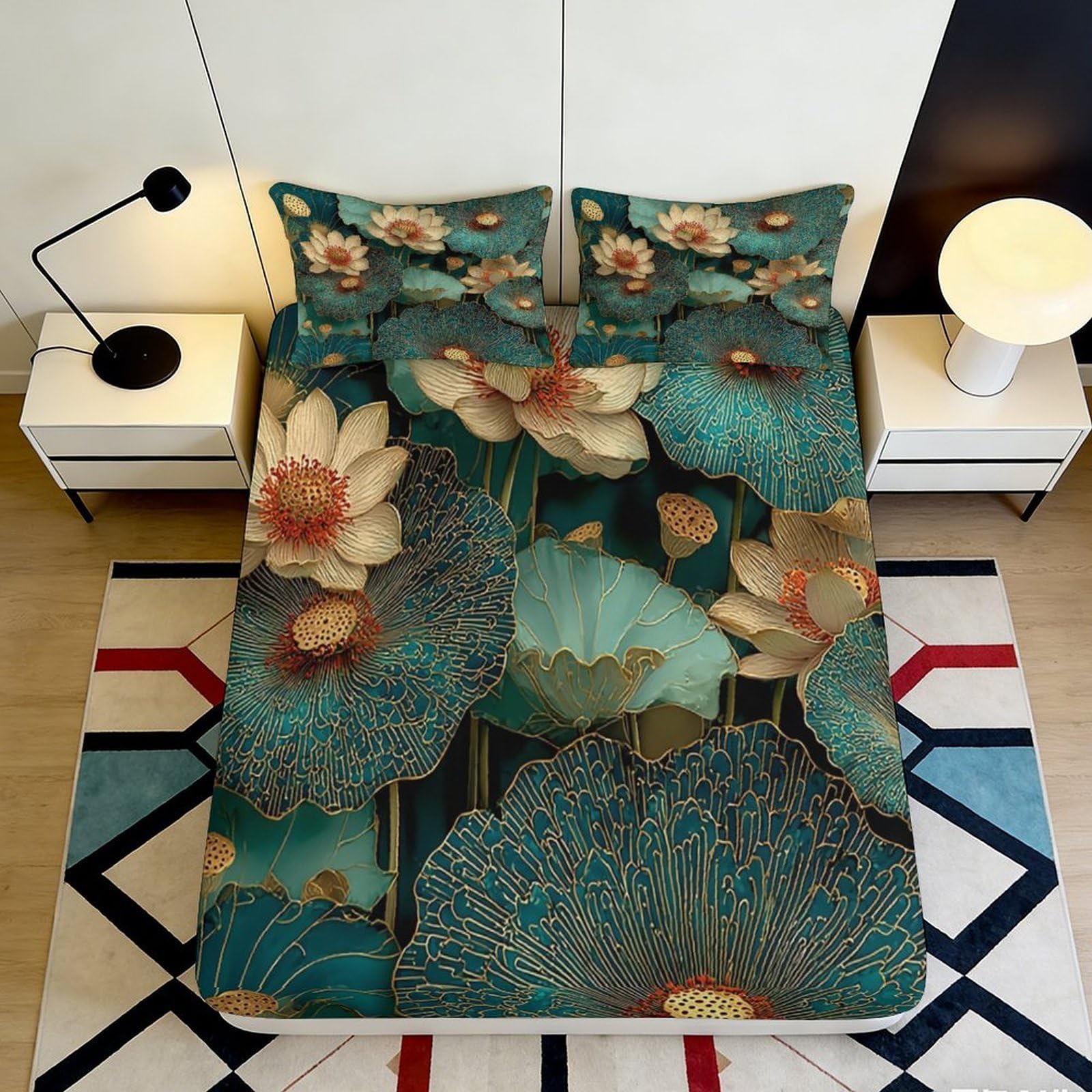 3D Printed Lotus Pond Fitted Sheet Microfiber Soft Green Floral Water Lily Mattress Cover Bedroom Home Decor 90x200x25cm