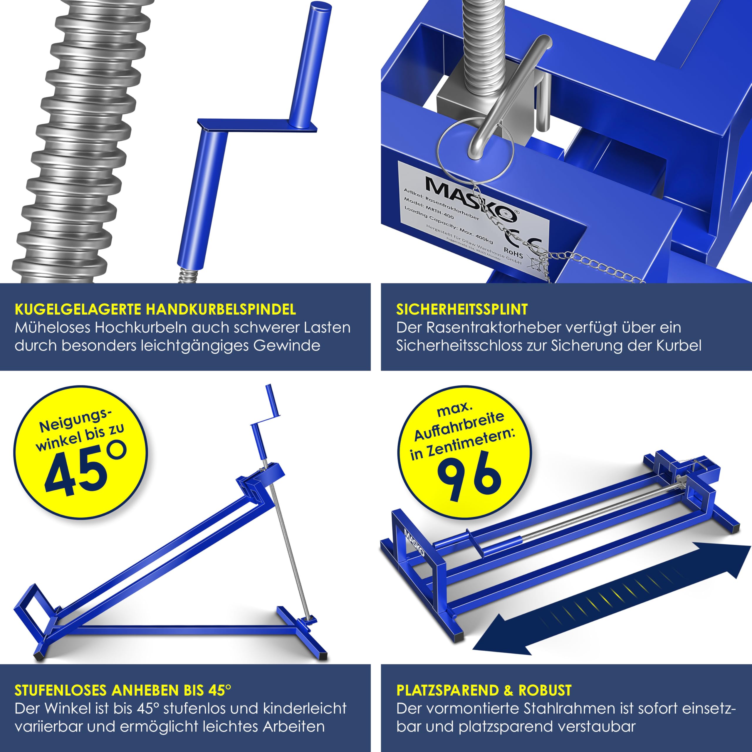MASKO® Sollevatore per trattorino rasaerba 400kg Dispositivo di sollevamento per tosaerba con guida Sollevatore per trattorino rasaerba Ausilio per la pulizia Piattaforma di sollevamento