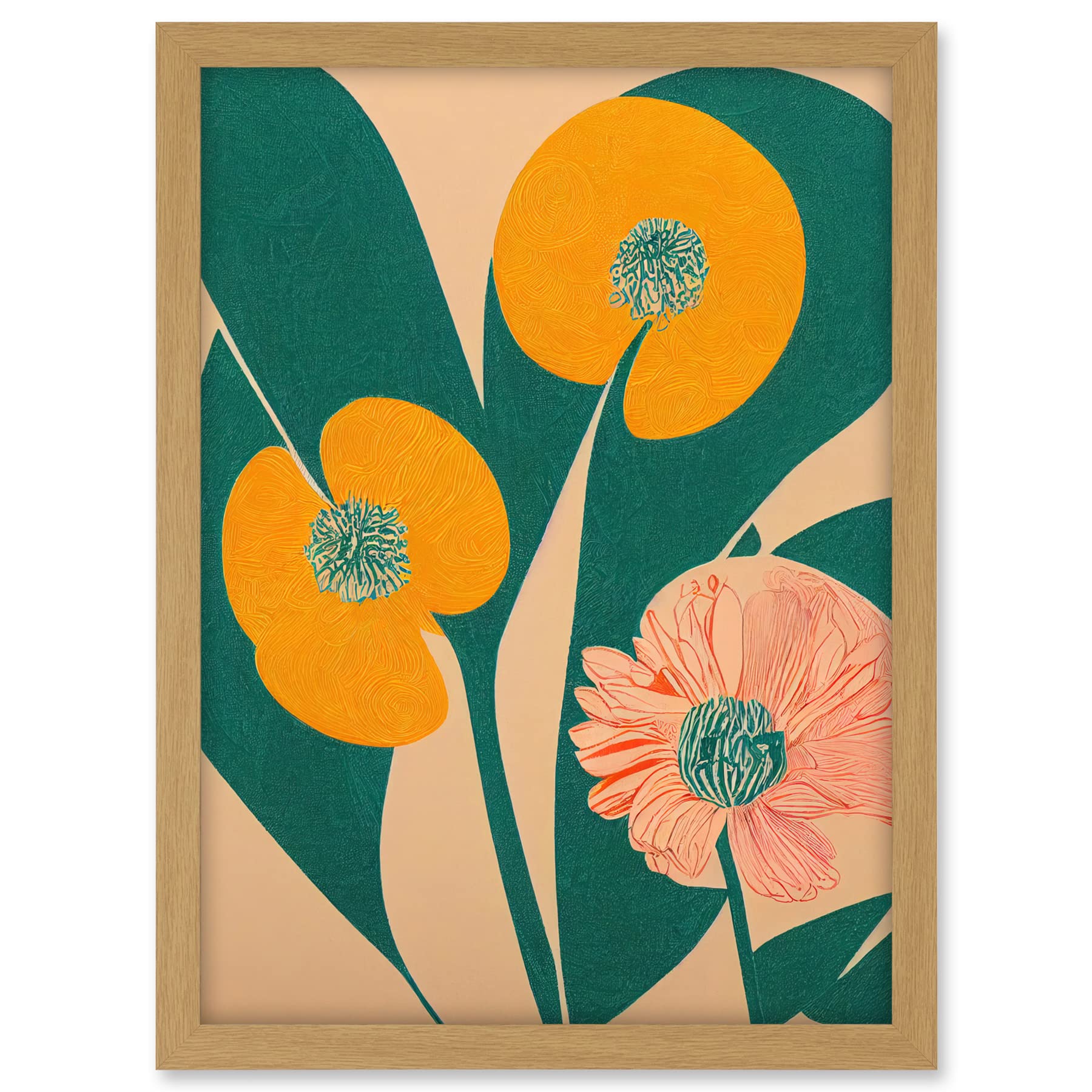 Wee Blue Coo California Poppy Flower Blooms Turquoise Leaves Bright Artwork Framed A3 Wall Art Print