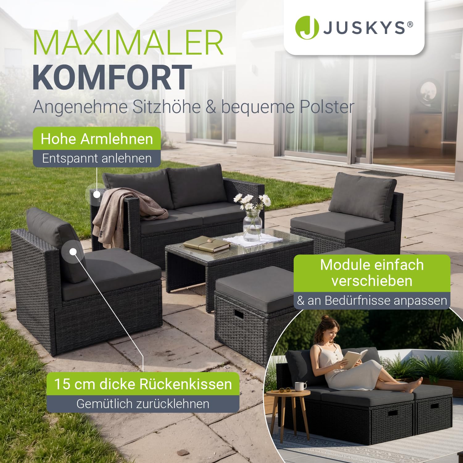 Juskys Polyrattan Gartenmöbel Set Salou - Outdoor Lounge wetterfest 6 Personen - Sitzecke mit Tisch & Kissen für Garten, Balkon, Terrasse - Schwarz