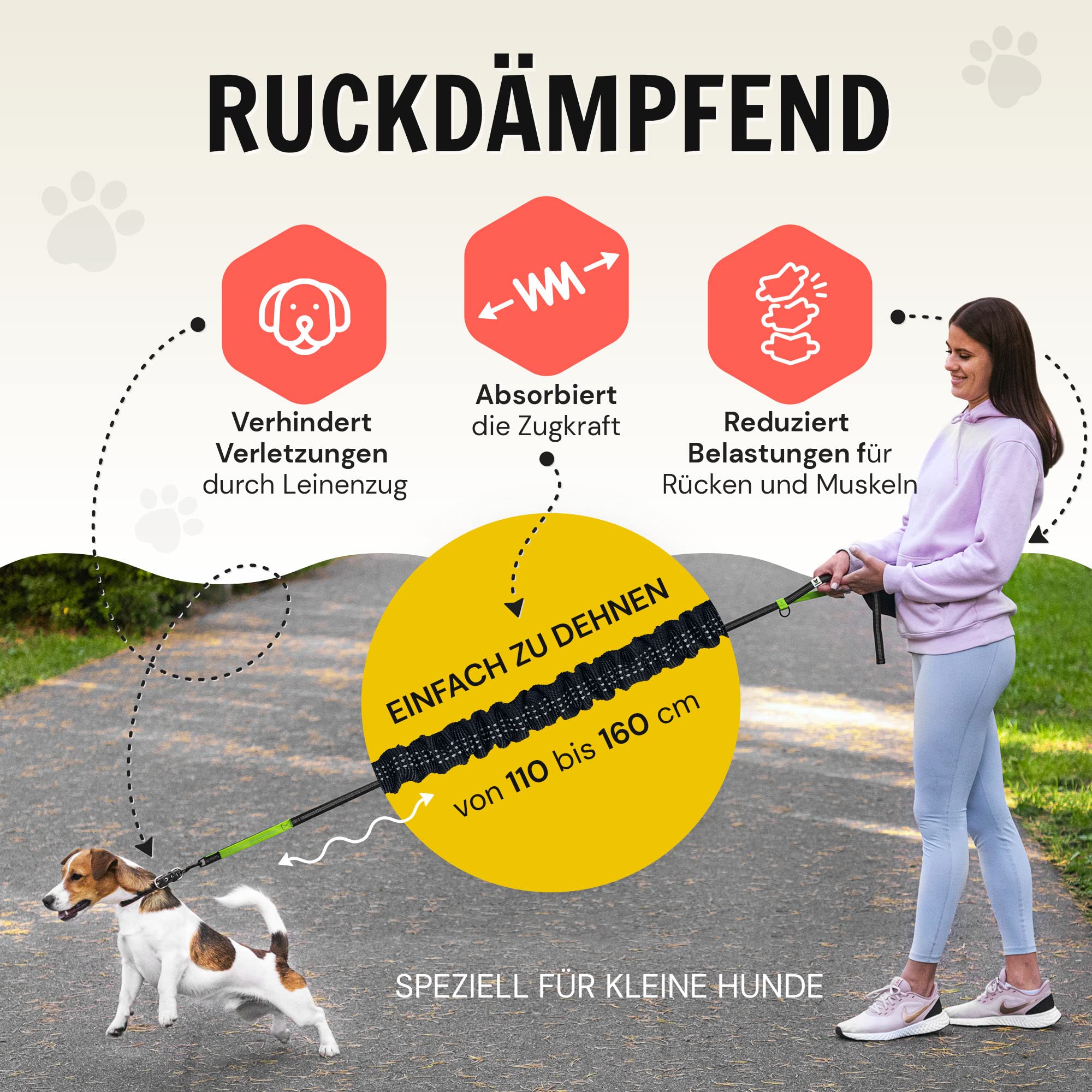 Hundefreund Joggingleine für kleine Hunde bis 15 kg – Laufleine mit Bauchgurt & Tasche – leichte reflektierende Hundeleine, dehnbar 110–160 cm – Freihandleine zum Joggen & Wandern
