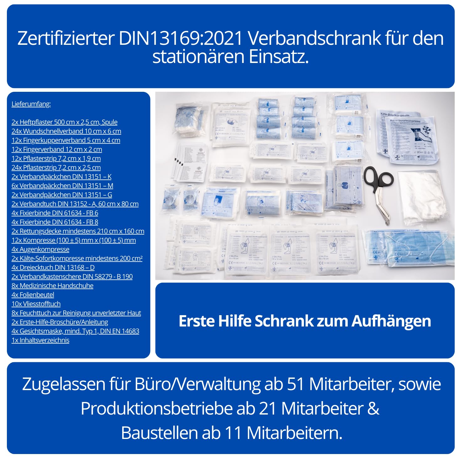 Erste Hilfe Verbandschrank DIN 13169:2021, Medizinschrank mit 3 Fächern (zweitürig) + abschließbares Medikamentenfach & Sicherheitsschloss – aus Metall, 60 x 50 x 13 cm – groß, robust - zum Aufhängen