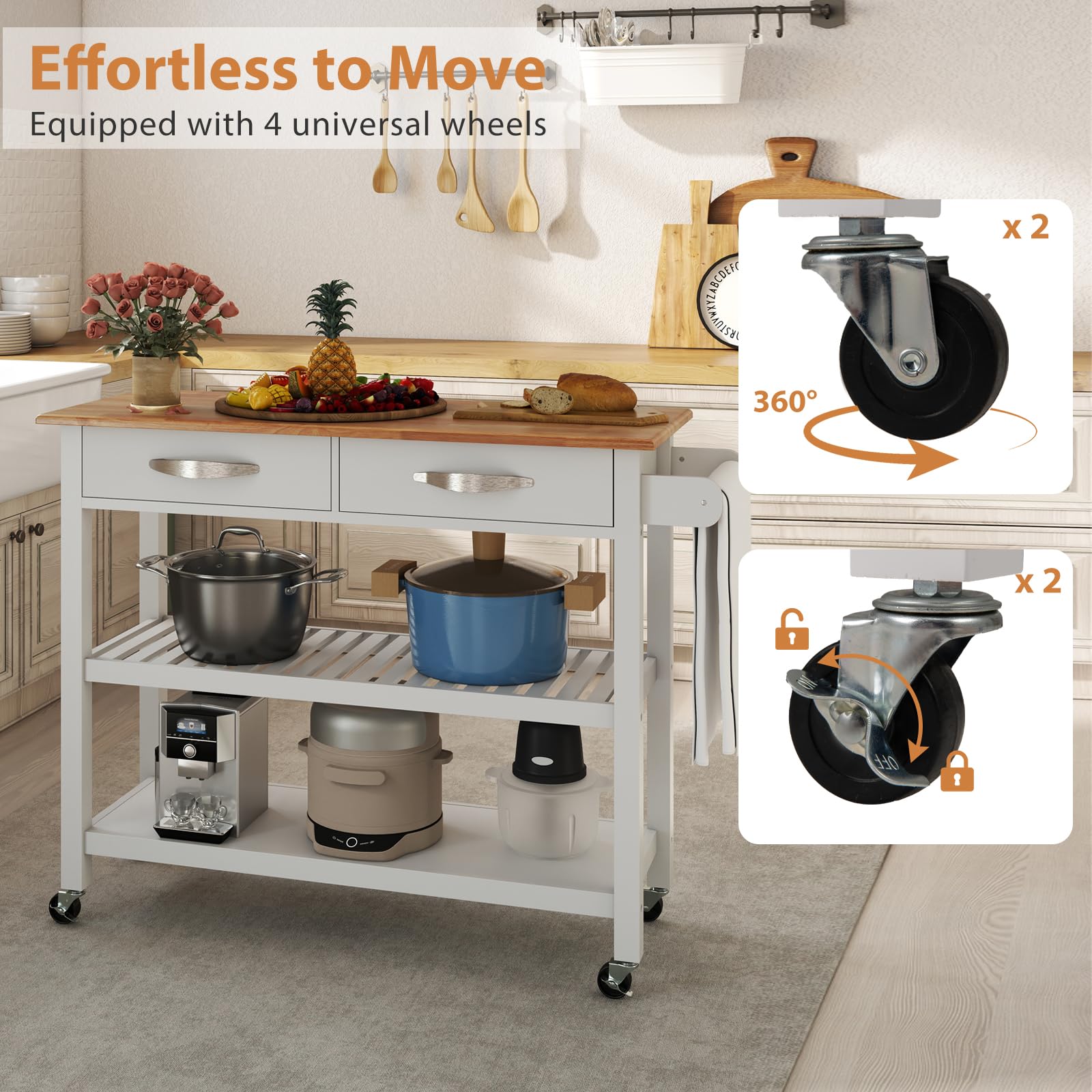KOMFOTTEU Carro de Cocina de Madera con Ruedas, Carrito Auxiliar con 2 Cajones y 2 Estantes Abiertos, Isla de Cocina Móvil con Toallero Lateral, para Comedor, Bar, 116 x 44 x 89 cm (Blanco)