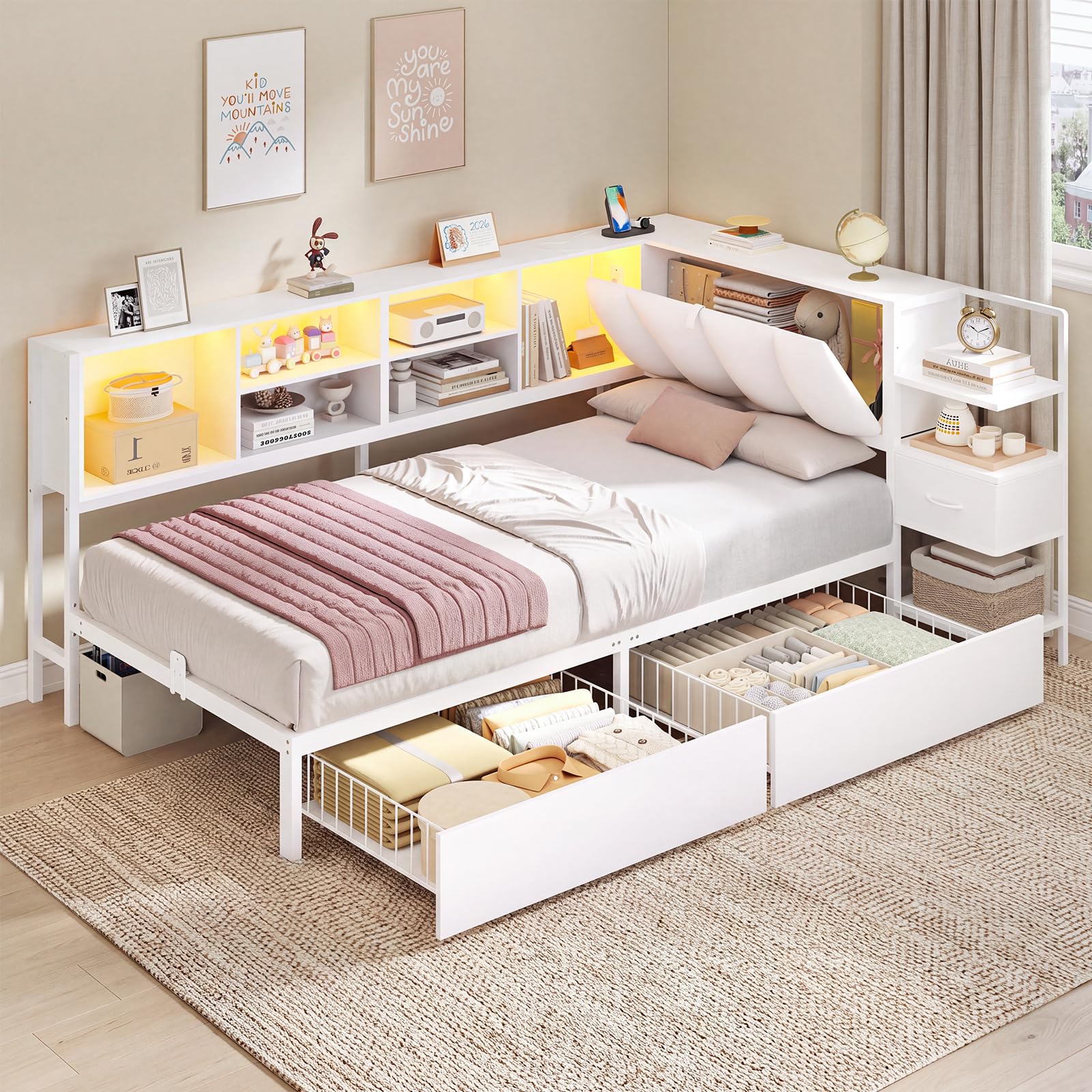 Cama juvenil de 90x200 in, color blanco con LED, espacio de